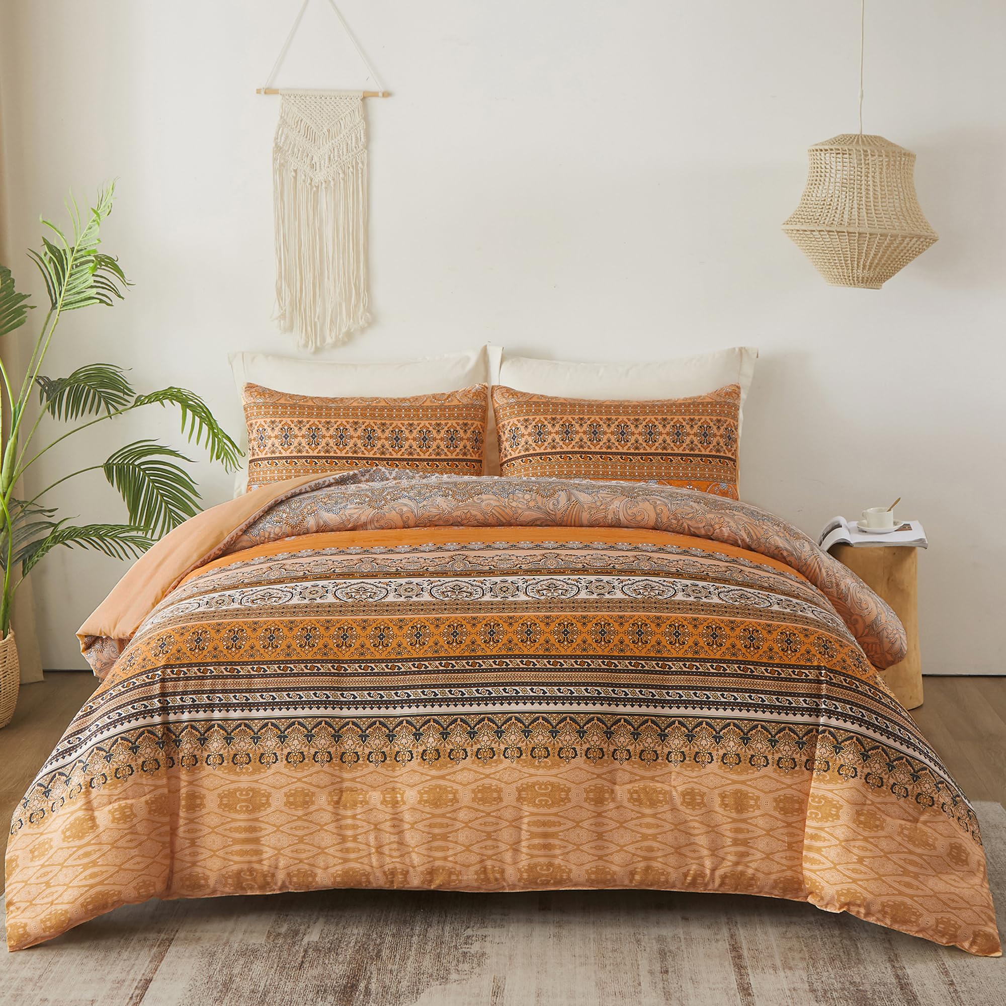 Goodidea Striped Bohemian Comforter Set 3Pcs Paisley Boho Yellow