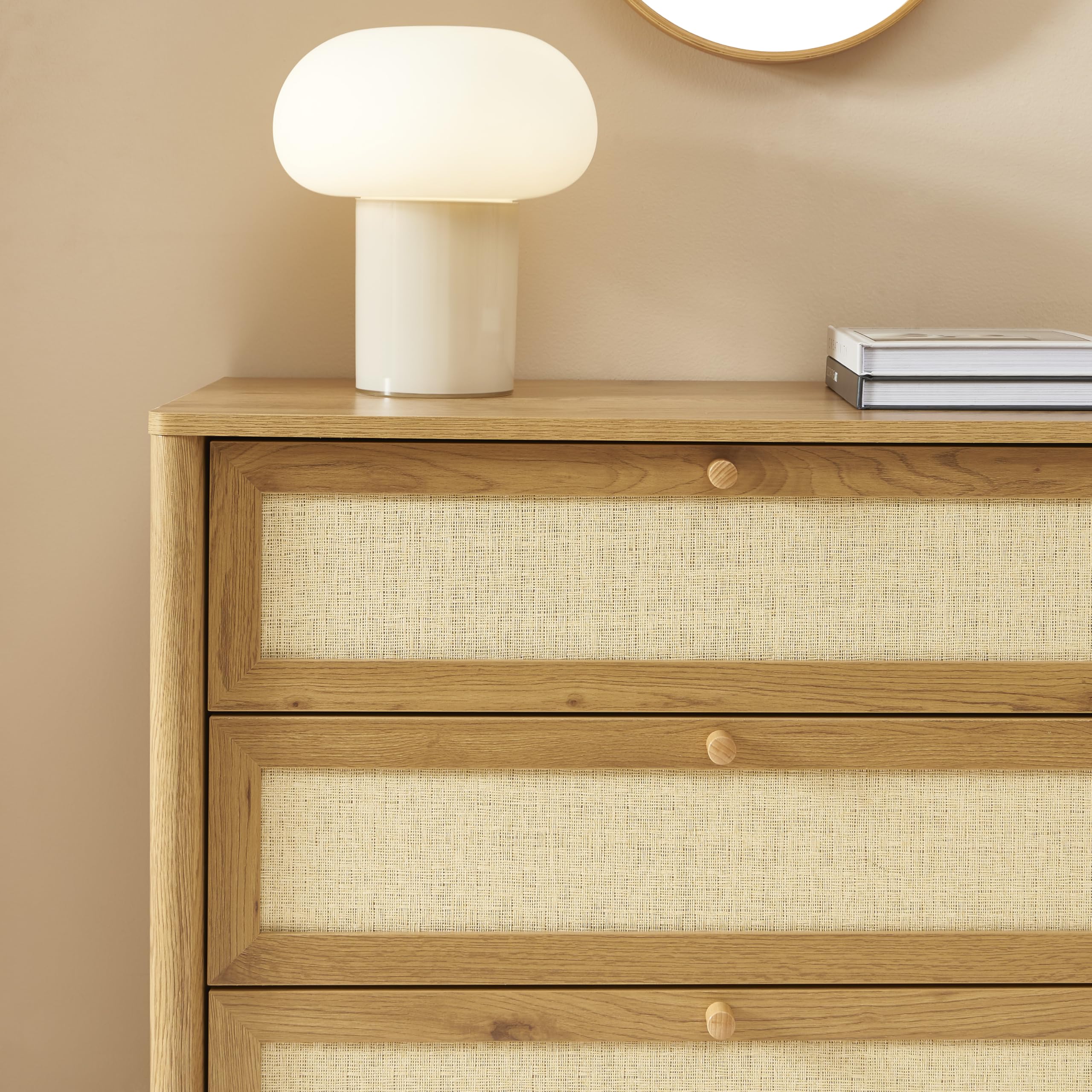 BAÏTA Commode Haida 4 tiroirs Effet chêne et rotin 80cm