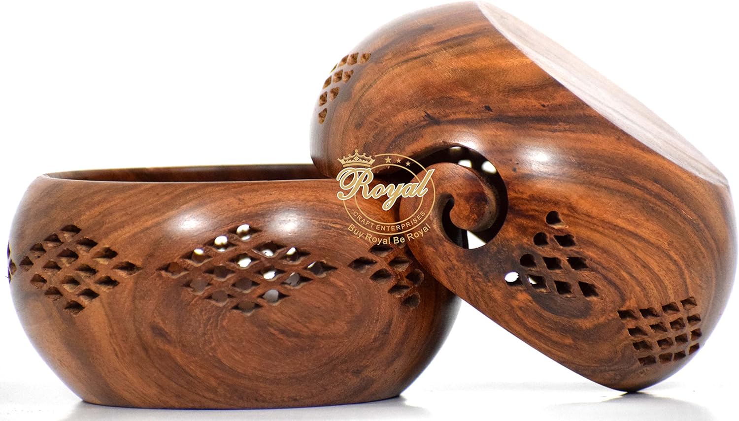 osewood crafted wooden yarn storage bowl knitting crochet accessories With Carved Holes & Drills Royal Craft Enterprises (6 X 6 X 3 inch)