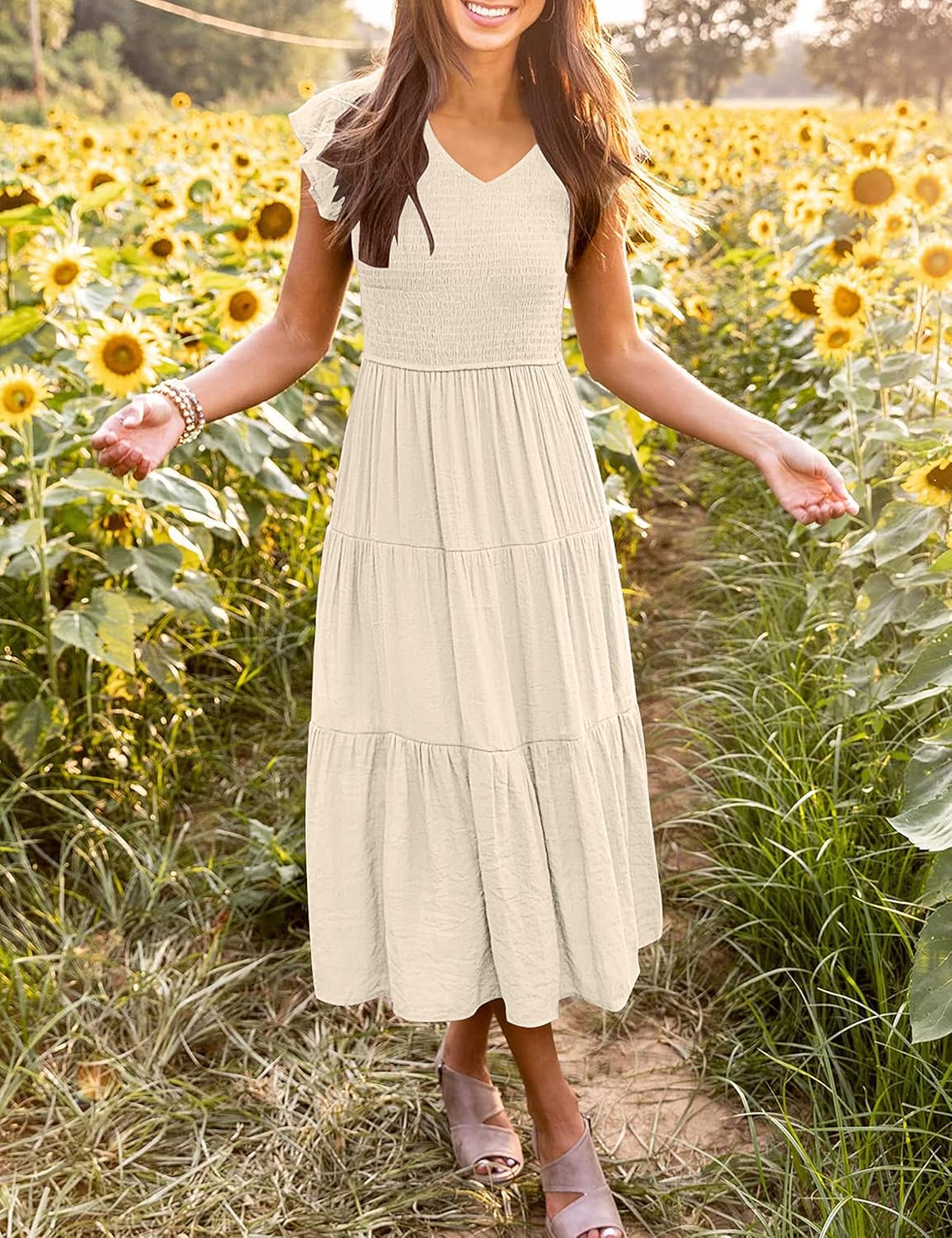 MEROKEETY Women's Summer 2026 Casual Midi Dress Flutter Sleeve V Neck Smocked Tiered Beach Vacation Dresses - Image 3