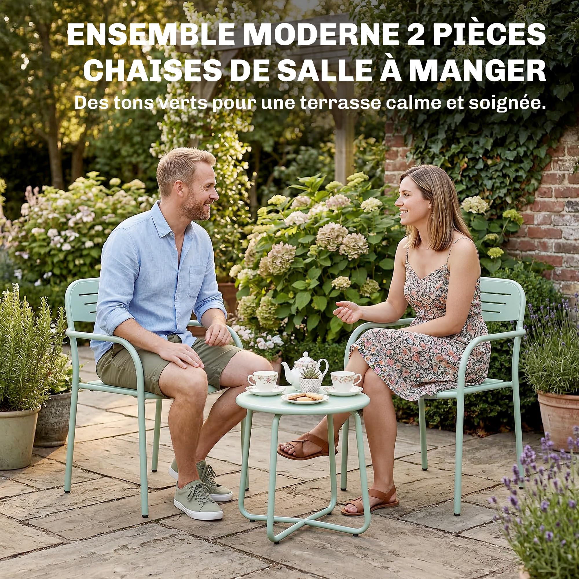 Outsunny Lot de 2 Chaises de Jardin Métal Antirouille - Fauteuil Salon Extérieur Empilable Résistant aux Intempéries avec Accoudoirs - Meuble pour Aménagement Balcon Terrasse et Bistro, Vert