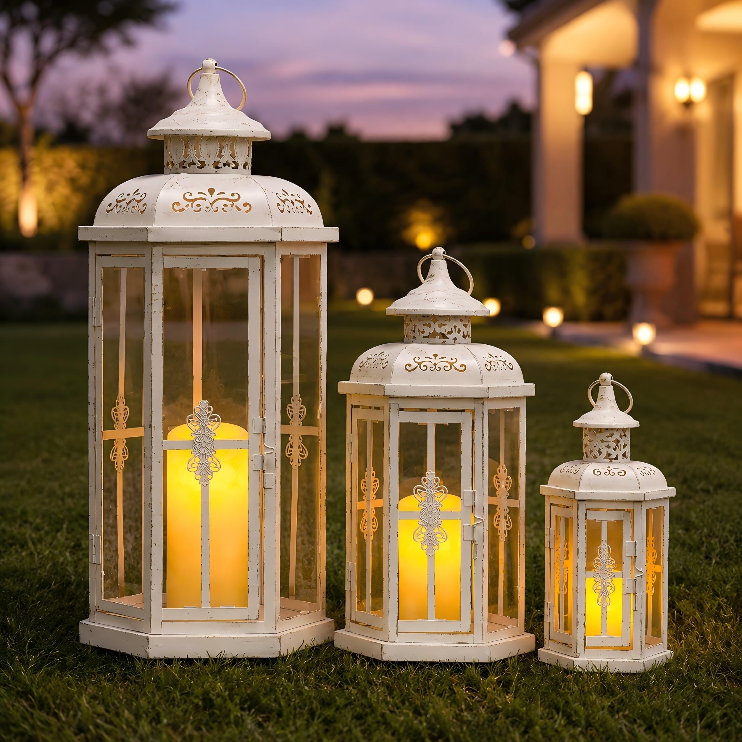 JHY DESIGN Set of 3 Decorative Candle Lanterns, 50 & 36 & 25cm High Vintage Hanging Candlesticks Metal Candleholder Garden for Indoor Outdoor Balcony Weddings Hallway (White with Gold Brush)