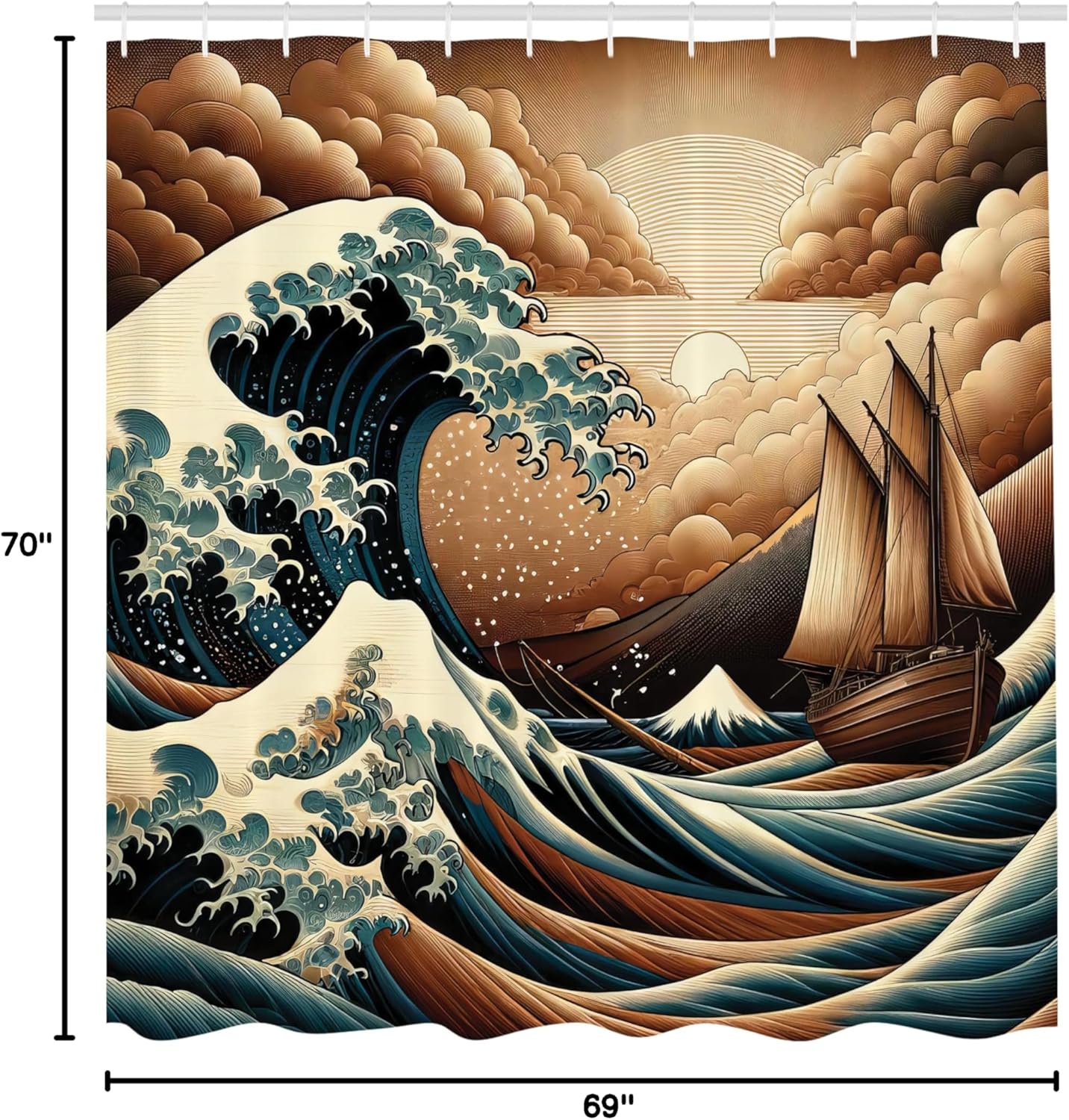 Ambesonne Nautical Shower Curtain, Ethnic Japanese Art Inspired Ocean Waves and Sailboat in Sepia View, Cloth Fabric Bathroom Decor Set with Hooks, 69" W x 70" L, Cinnamon and Petrol Blue
