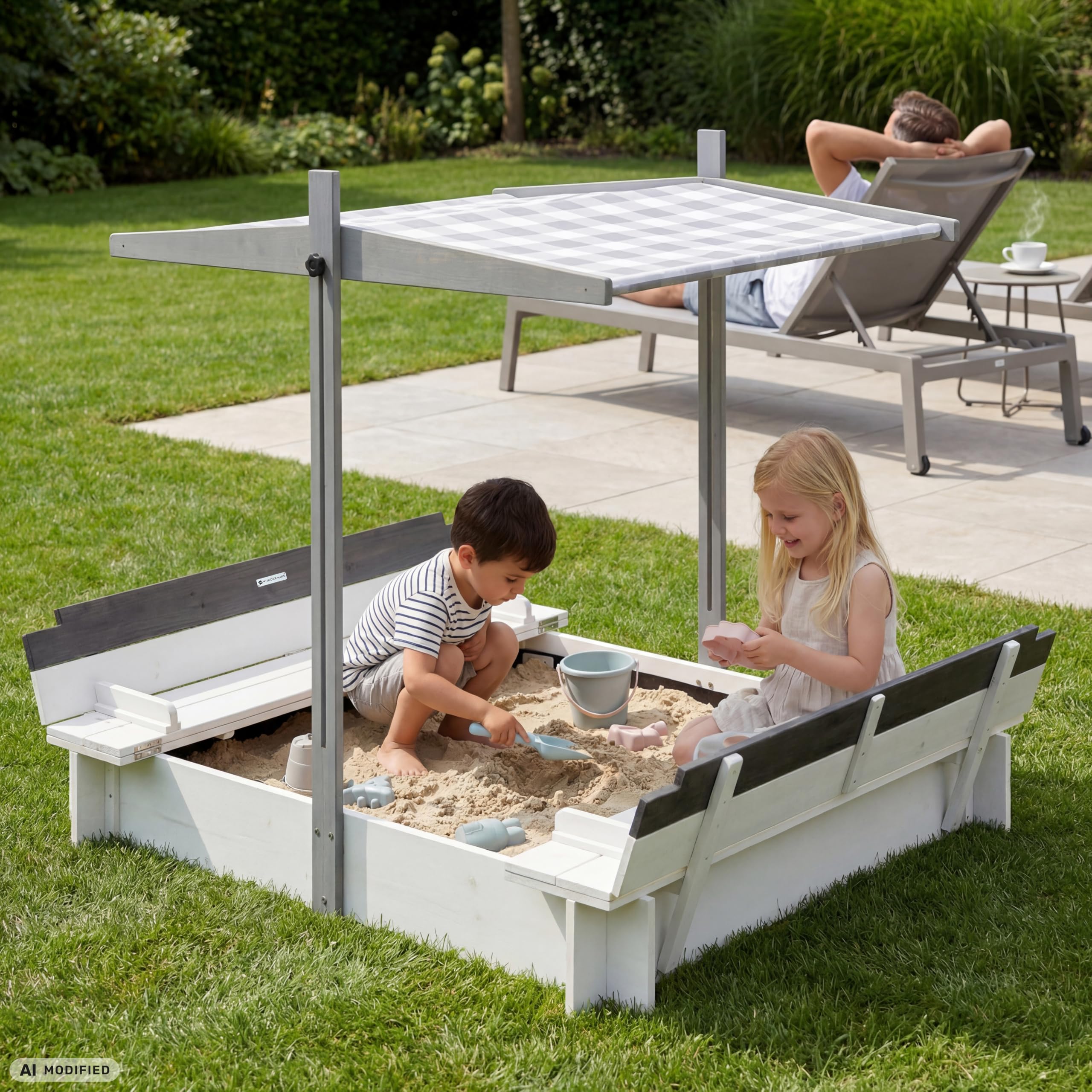 Arenero de diseño de madera con techo, cubierta y banco, caja de arena para niños con tapa plegable, protección solar UV, caja de arena cuadrada para jardín, parque infantil, 120 x 120 cm