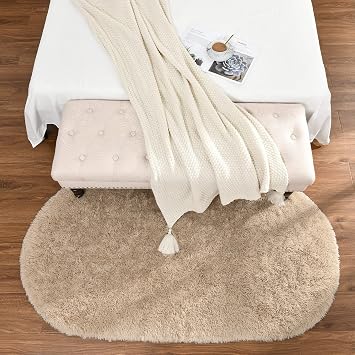 Softlife 2 Beige Rugs Set, 4'x5.3' Rectangular and 2.6'x5.3' Oval Rug Set, Area Rugs for Bedroom Living Room, Fluffy Fuzzy Shag Shaggy Carpet Soft Plush Furry Bedside Rug