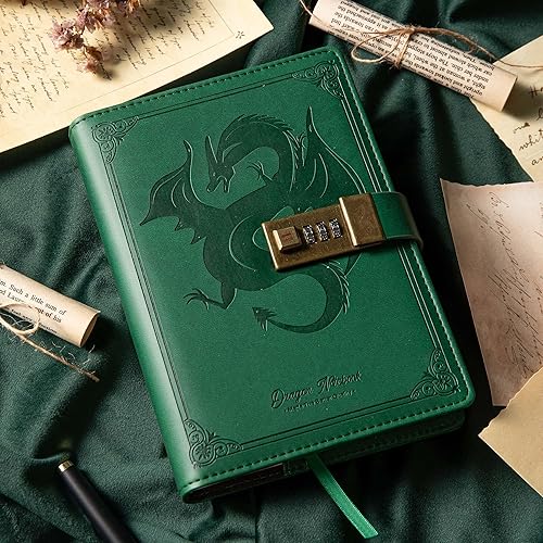 Vista 25 de Dragon - Diario de cuero, cuaderno de tapa dura, diario recargable con cerradura, diario de escritura en papel en línea/en blanco con cerradura
