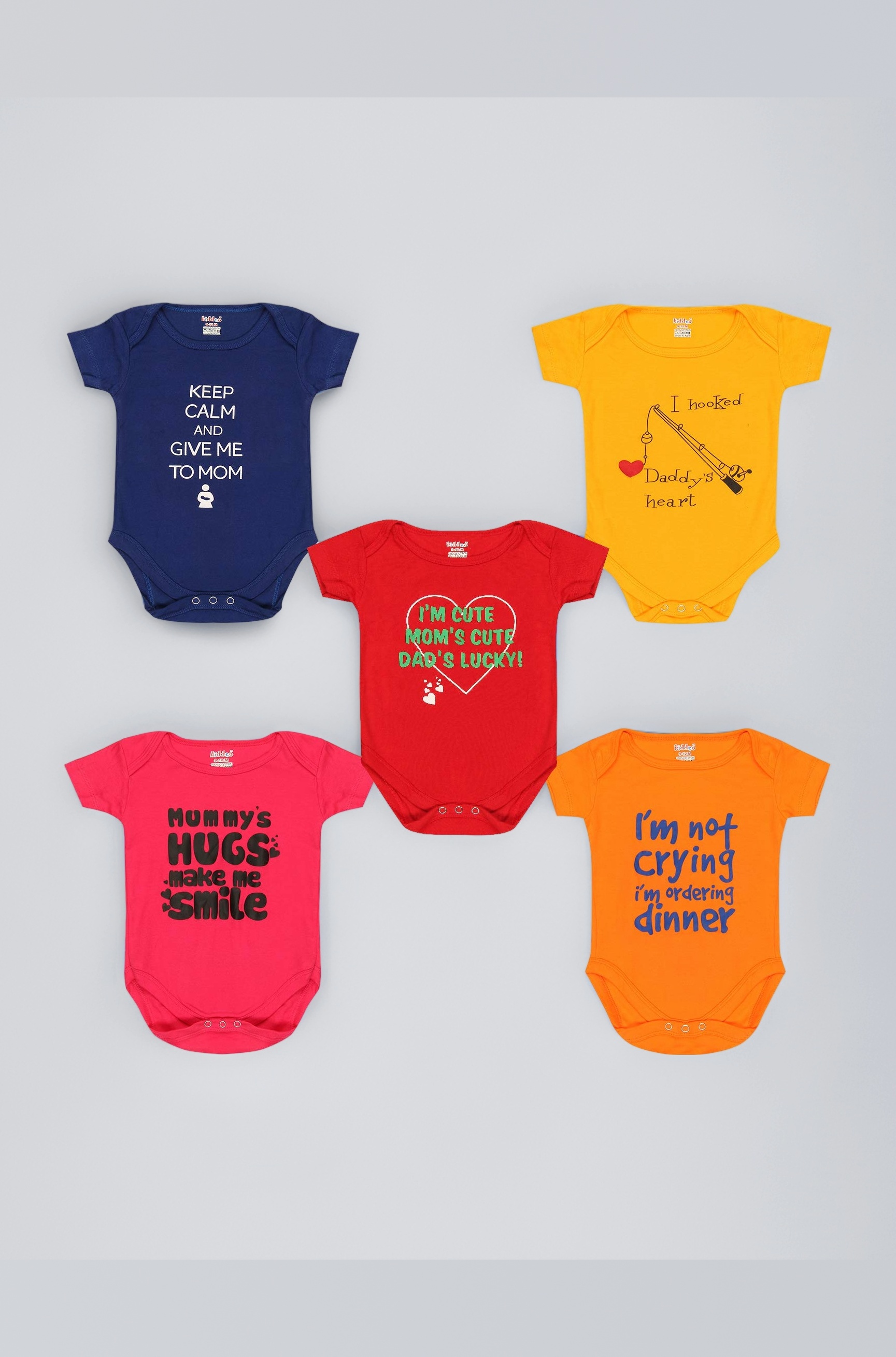 kiddeo New Born Baby Multi-Color 100% Cotton,Very Soft fabric and funky quotes printed Sleep Suit Romper, Body Suit for Boys and Girls Combos(Pack of 5)