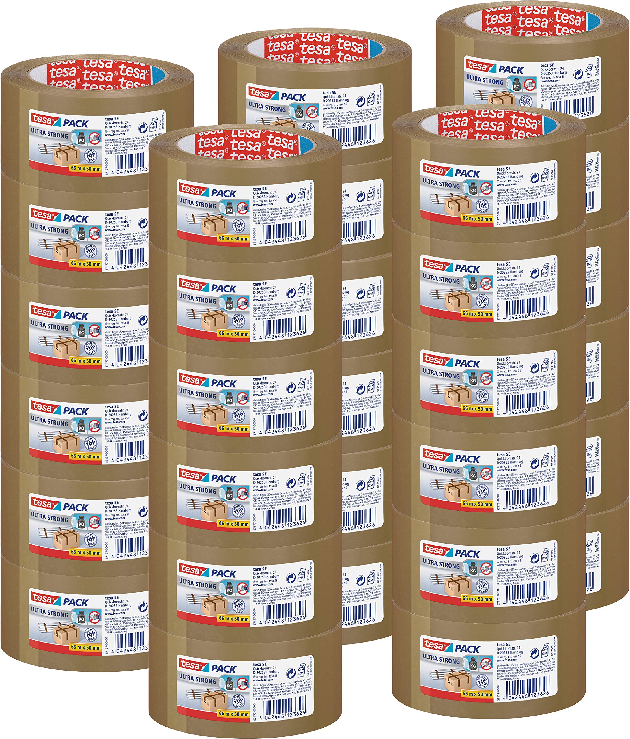 tesa 30 Rollen Ultra Strong Packband (aus PVC mit besonders starker Klebekraft, 66 m x 50 mm, 3er Pack) braun