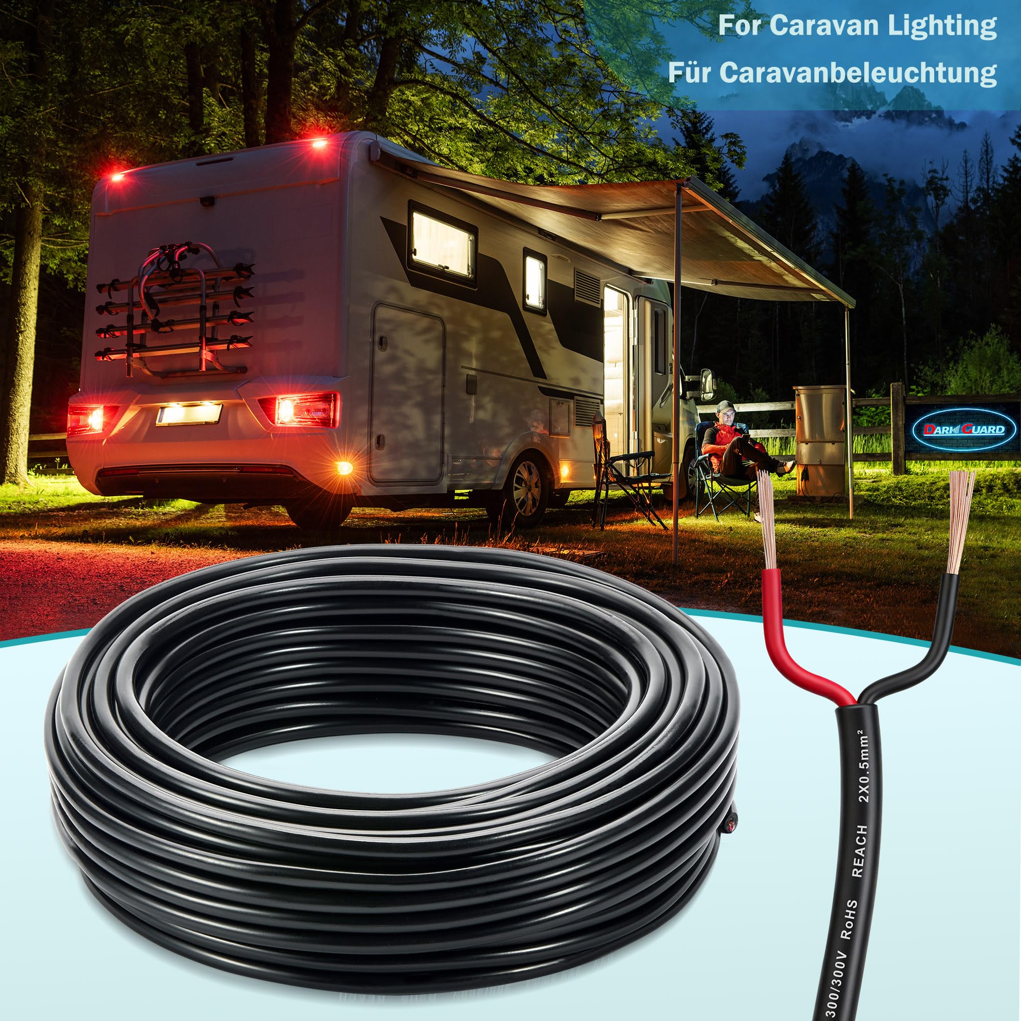Cavo Flessibile 2 Fili per Rimorchio 0,5mm², 15M Cablaggio Cavi Rimorchio 2 Conduttori 12V/24V per Caravan Camper Camion Illuminazione & LED Decoration, Approvato Reach RoHs