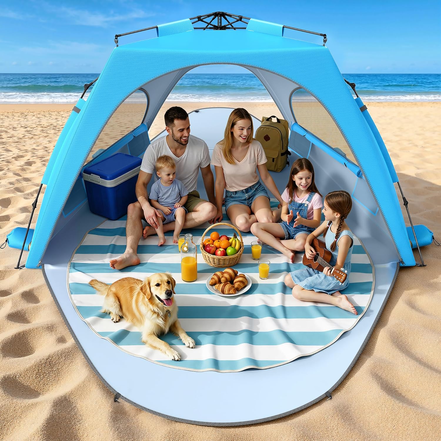 Beach Tent Sun Shelter for 5-6 Person, Pop Up Beach Canopy, UPF 30+ UV Protection, Breathable Mesh Window, Portable Sun Shade Tent with Carrying Bag for Sands & Outdoor, Sky Blue, Size XL