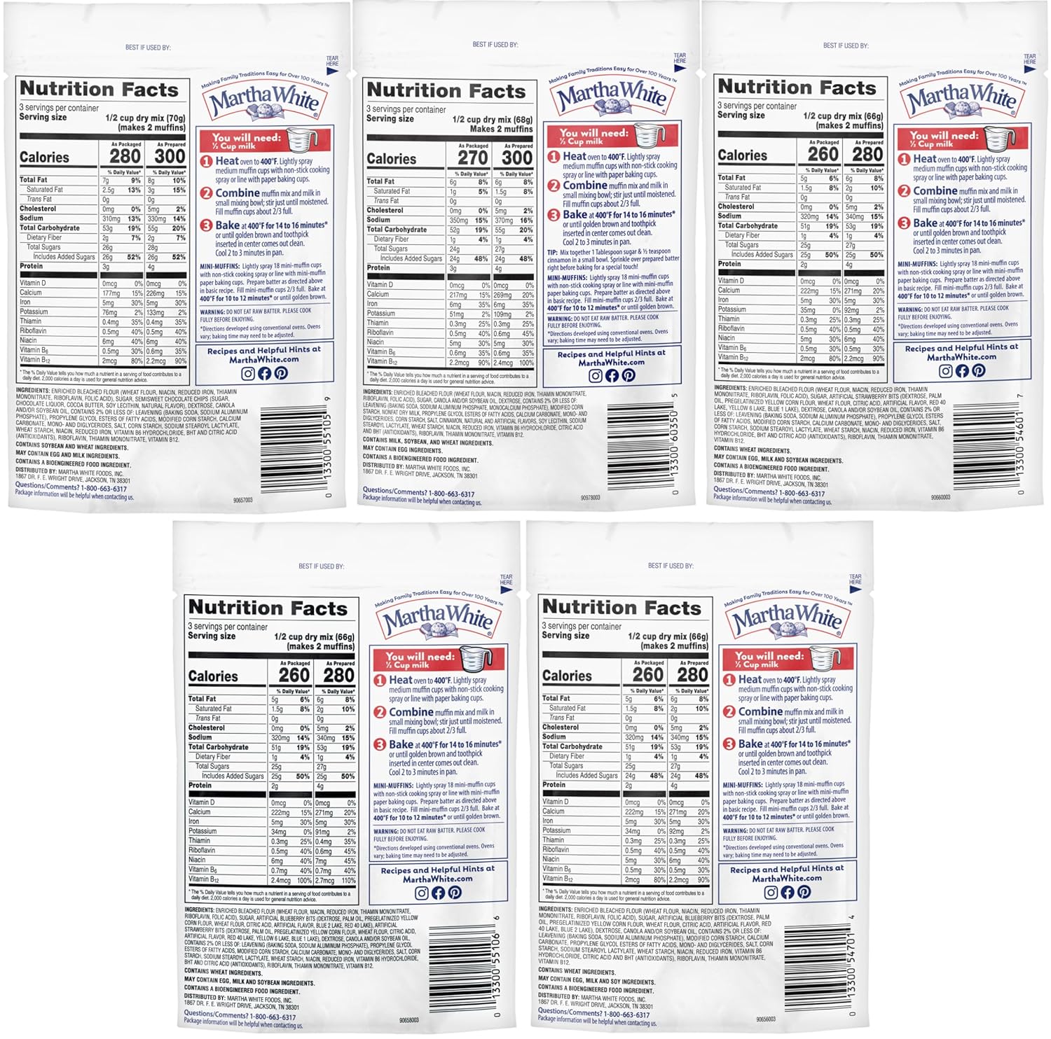 Martha White Muffin Mix Sampler Variety Pack, Pack of 12, Chocolate Chip, Blueberry, Strawberry, Cinnamon Sugar, Wildberry, Just Add Milk