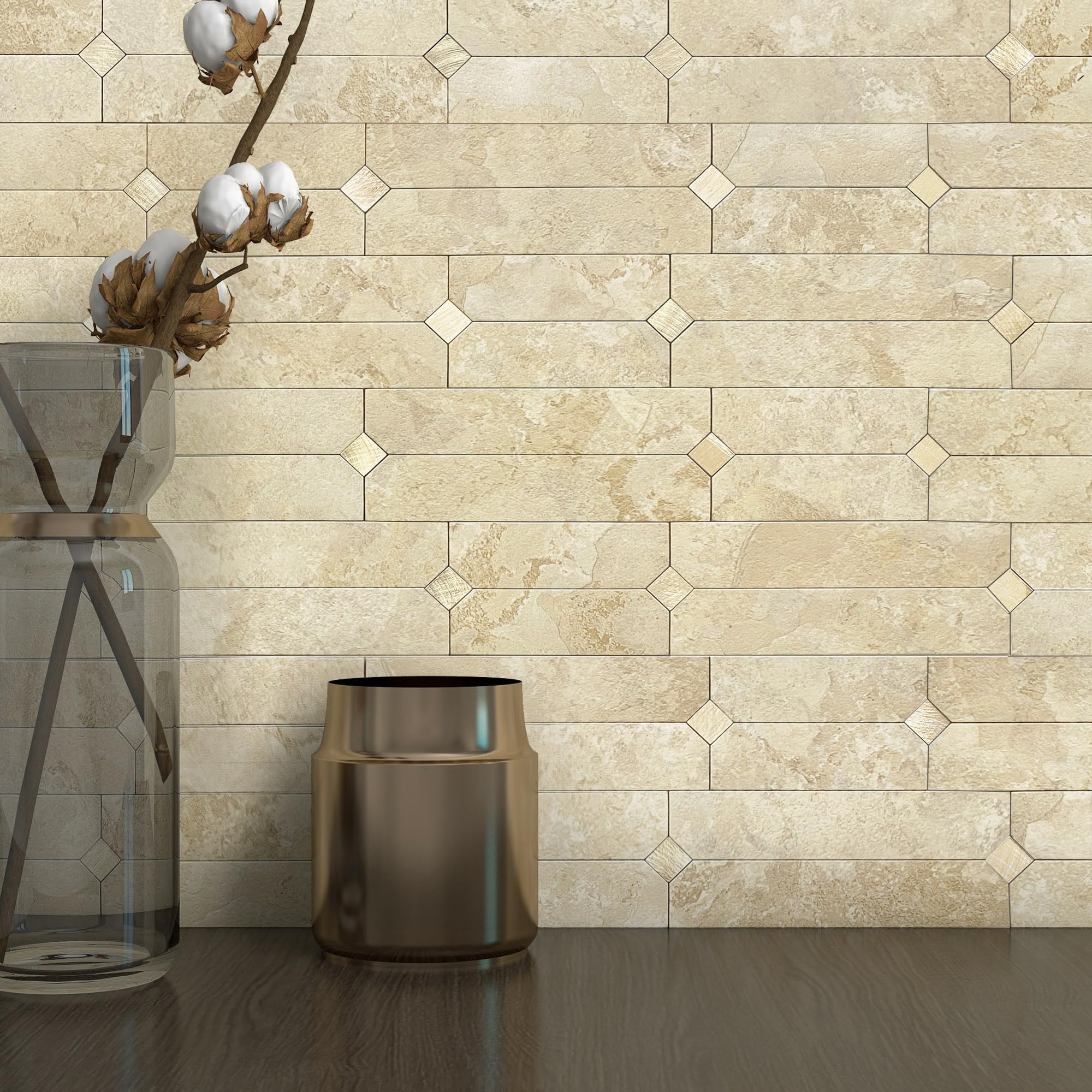 Piastrelle adesive per cucina e bagno, effetto mosaico lineare, opache, impermeabili (10 fogli, beige oro)