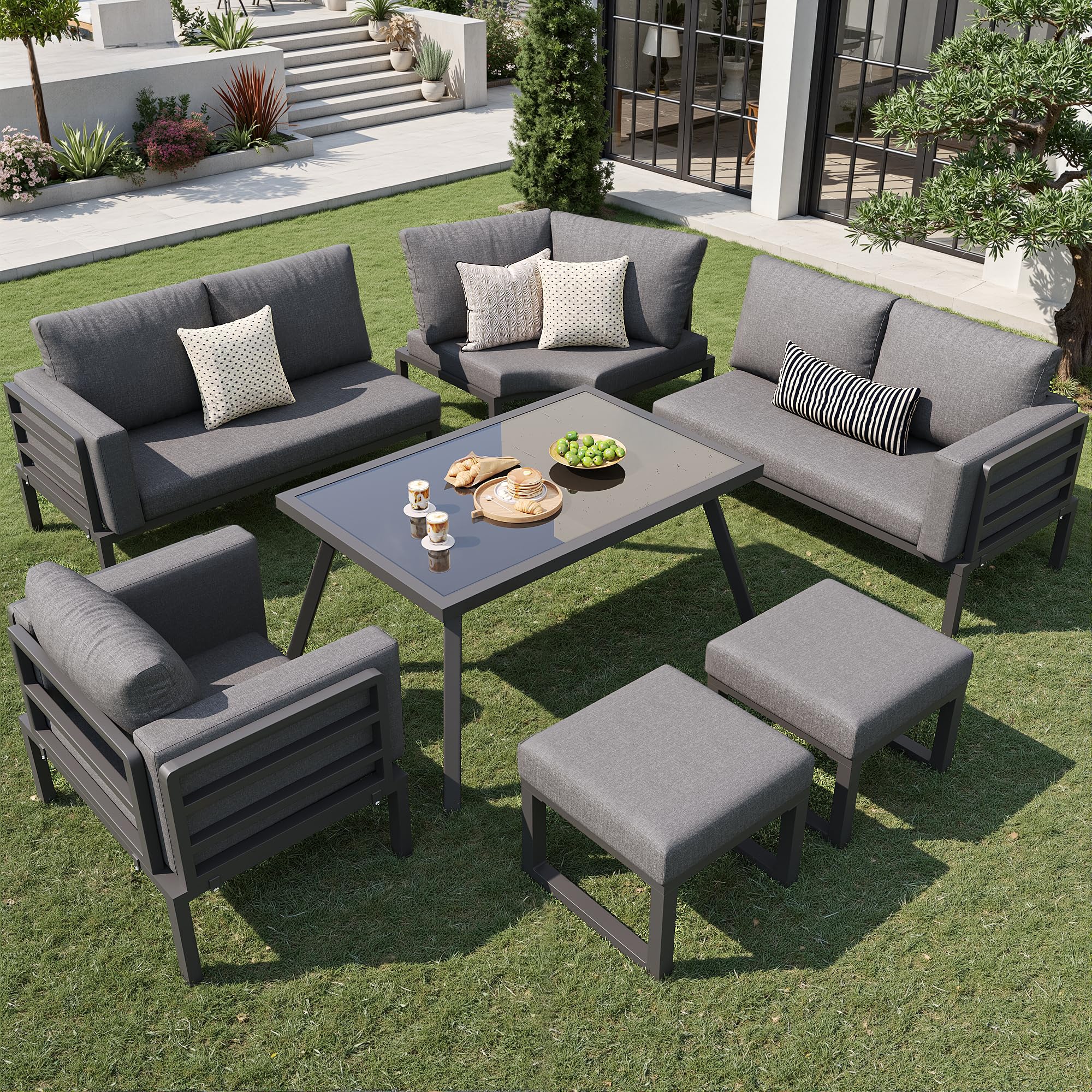 Conjunto Jardin Exterior en Forma de Media Luna para 8 Personas, Muebles Jardin Exterior con Mesa y Cojín Blando, Sofa Modular con 2 Taburetes y Sillón, Garden Furniture, Gris