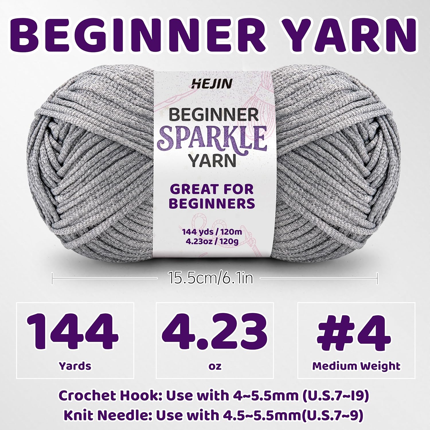 120g Silver Sparkle Yarn for Crocheting and Knitting; 120m(144yds) for Beginners with Easy-to-See Stitches; Worsted-Weight Medium #4; Yarn for Beginners Crochet Kit Making thumbnail