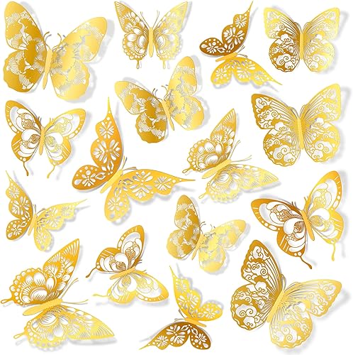 Amaonm - Decoración de pared de mariposa 3D, 60 unidades, 5 estilos, 3 tamaños, mariposas, removibles, para bricolaje, huecas, de PVC, para niños,