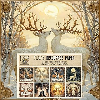 Decoupage Paper Pack (24 Sheets 6"x6") Deers Under Moon ~ Fairytale-Style Forest Scenes with Deer in Moonlight and Snow, Warm Digital Painting, Atmospheric
