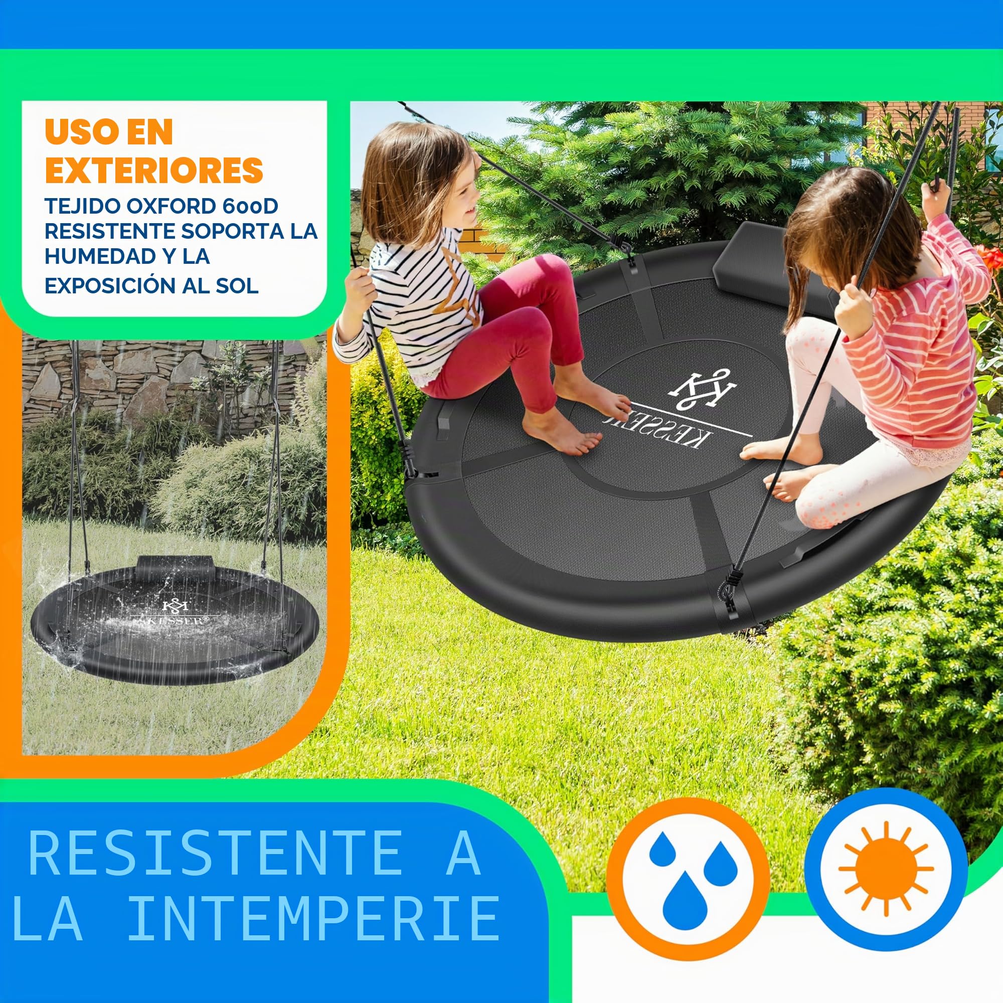 KESSER® Columpio nido, columpio redondo, diámetro de 120 cm, soporta hasta 300 kg, con cojín y 4 asas, ajustable, para interior y exterior, para niños y adultos, antracita