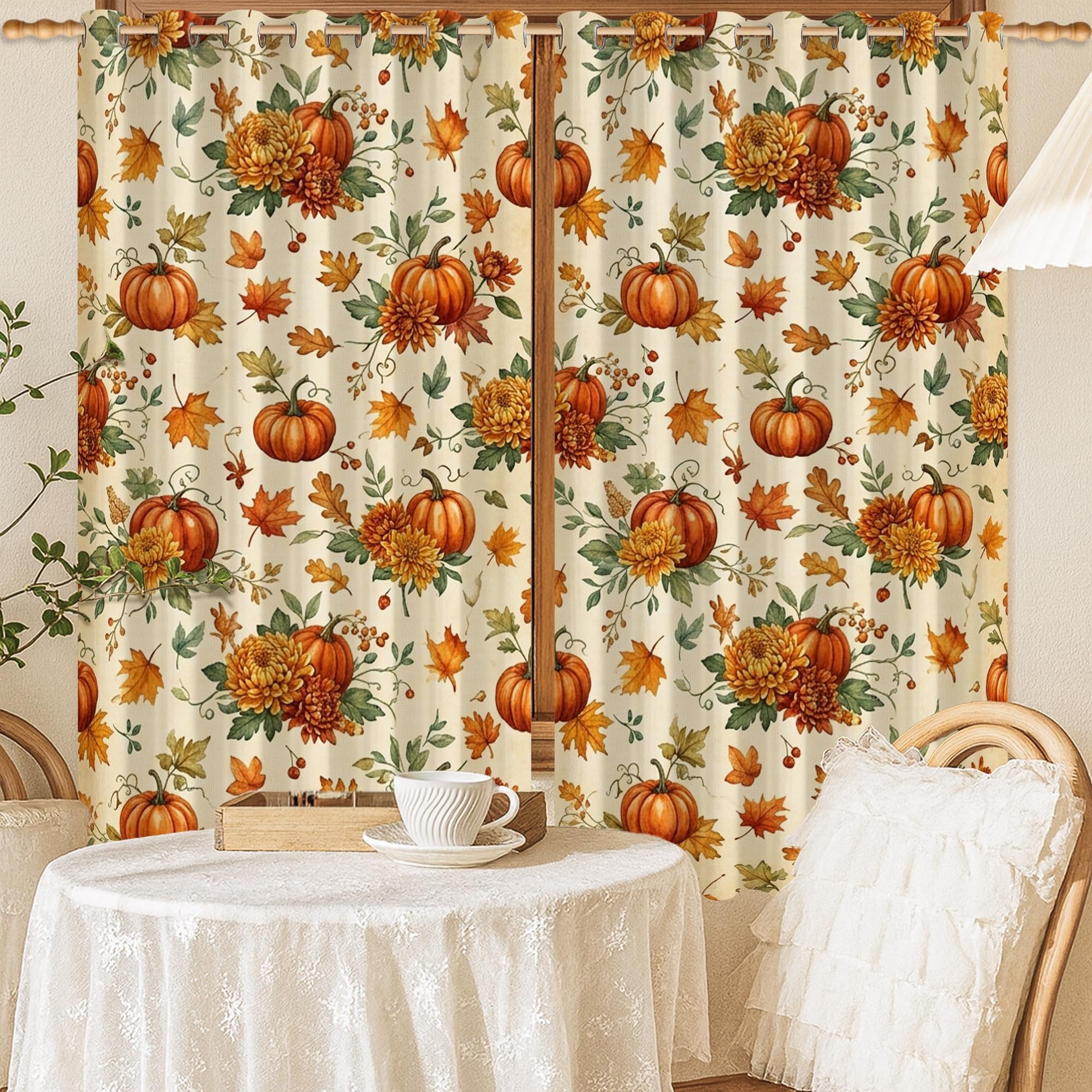 Rideau occultant motifs citrouilles et feuilles pour cocooning d'automne au salon