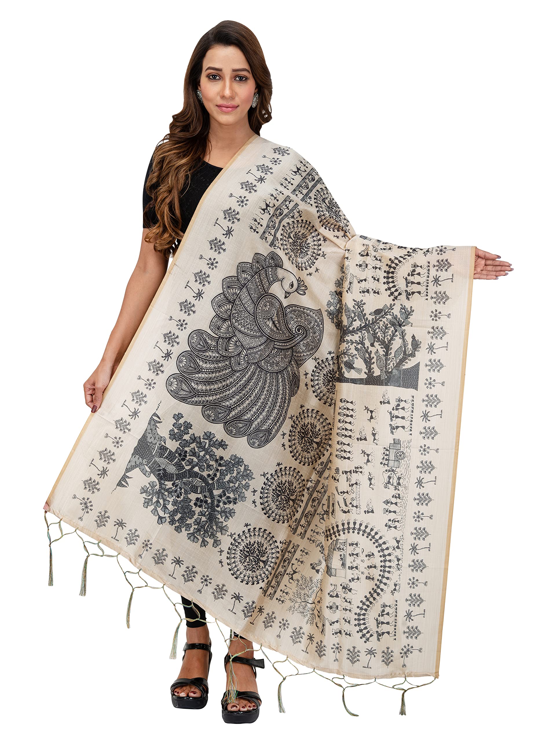 Shoppy Villa Chanderi Silk Dupatta for Women | Elegant Ethnic Printed Stole with Peacock & Folk Art Motifs | Lightweight Digital Print Odhani with Tassels-image-40
