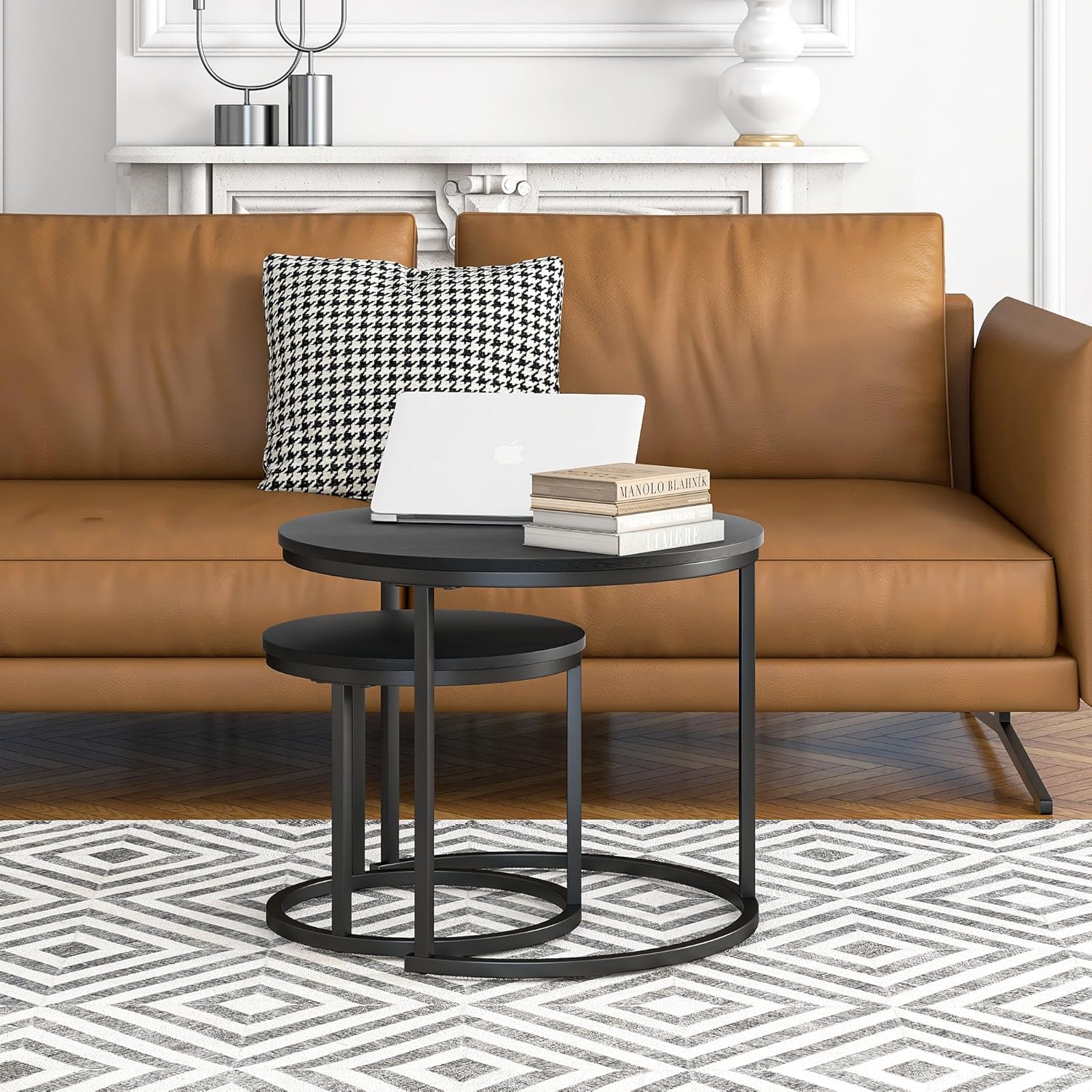 HOJINLINERO Round Coffee Table,Nesting Coffee Table Set of 2,Center Tables for Living Room,Office, Home Small Space,Stacking Side Tables,Sturdy and Easy Assembly,Wood Desktop,Black,Small