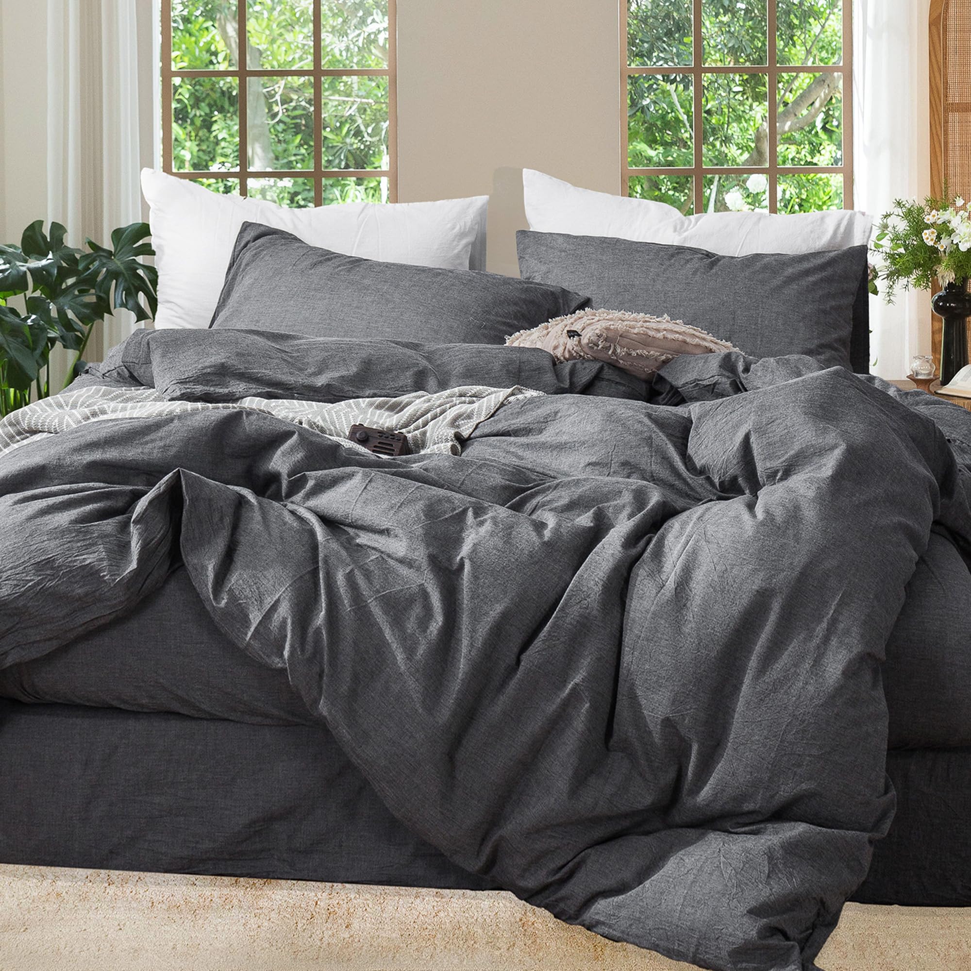 Photo 1 of MooMee Bedding Duvet Cover Set 100% Washed Cotton Linen Like Textured Breathable Durable Soft Comfy (Heathered Dark Grey, King 104"x90")