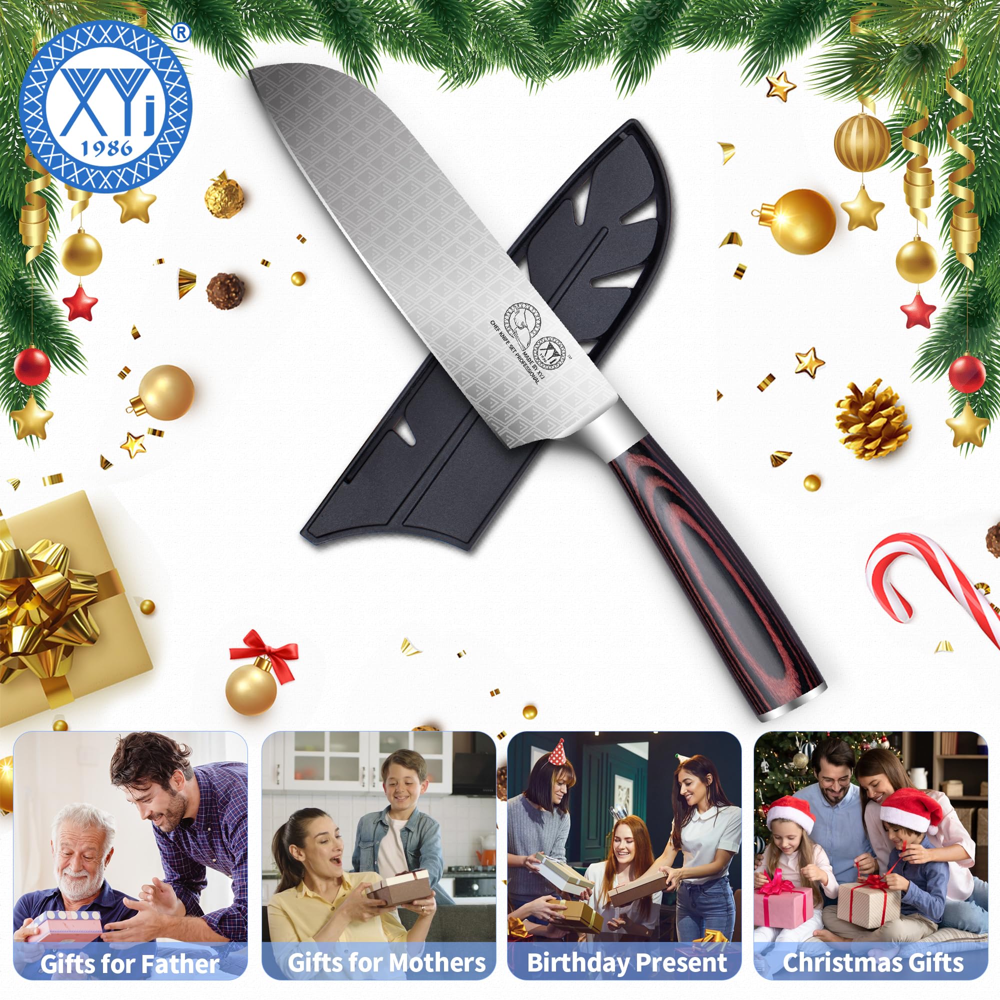 XYJ 7 Inch Japanese Kitchen Knife,Stainlss Steel,Razor Sharp,Santoku Knife With Sleeve,Ergonomic Handle,Meat Cleaver for Meat Cuting,Vegetable Slicing Cooking Chef Knife