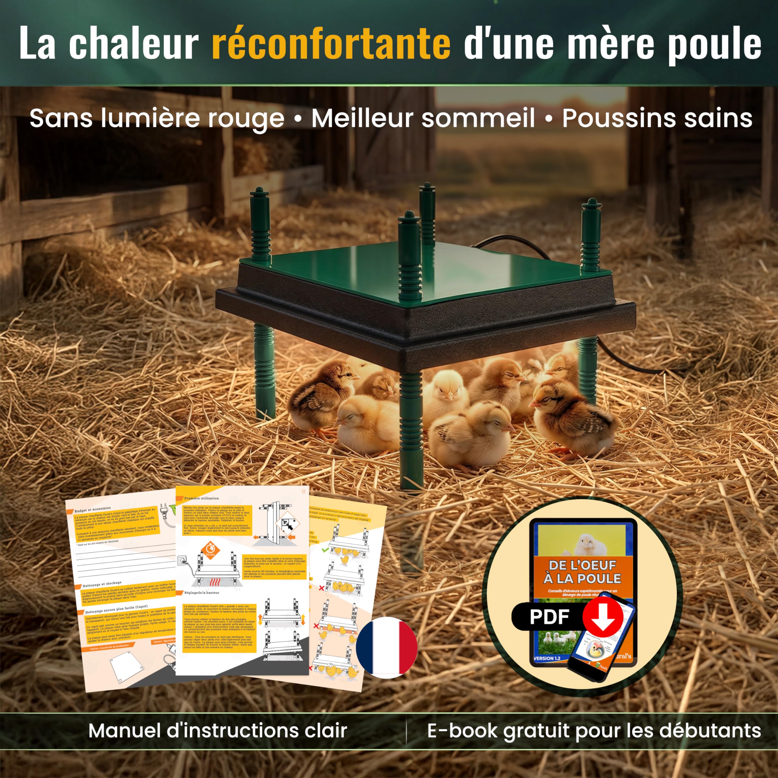 Dural’s® Plaque Chauffante Poussin 35x35 cm - 80% d'Économie d'Énergie (30W) - Chaleur Douce Anti-Stress - Couvercle de Protection Inclus - Hauteur Réglable (25-30 Poussins) + E-Book