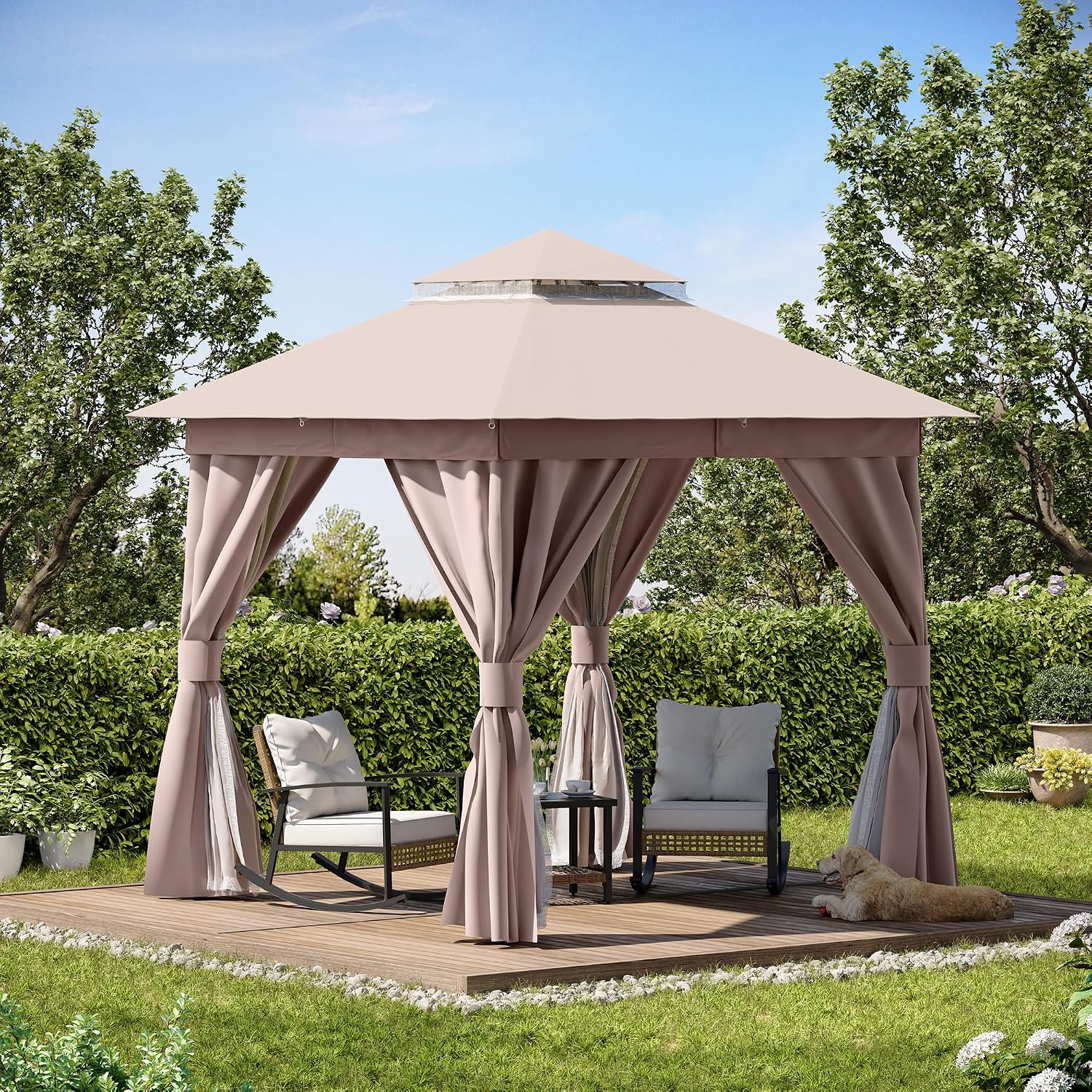 LAUSAINT HOME 8'x8' Outdoor Patio Gazebo, Heavy Duty Party Tent & Shelter with Double Roofs, Mosquito Nettings and Privacy Screens for Backyard, Garden, Deck (Khaki)
