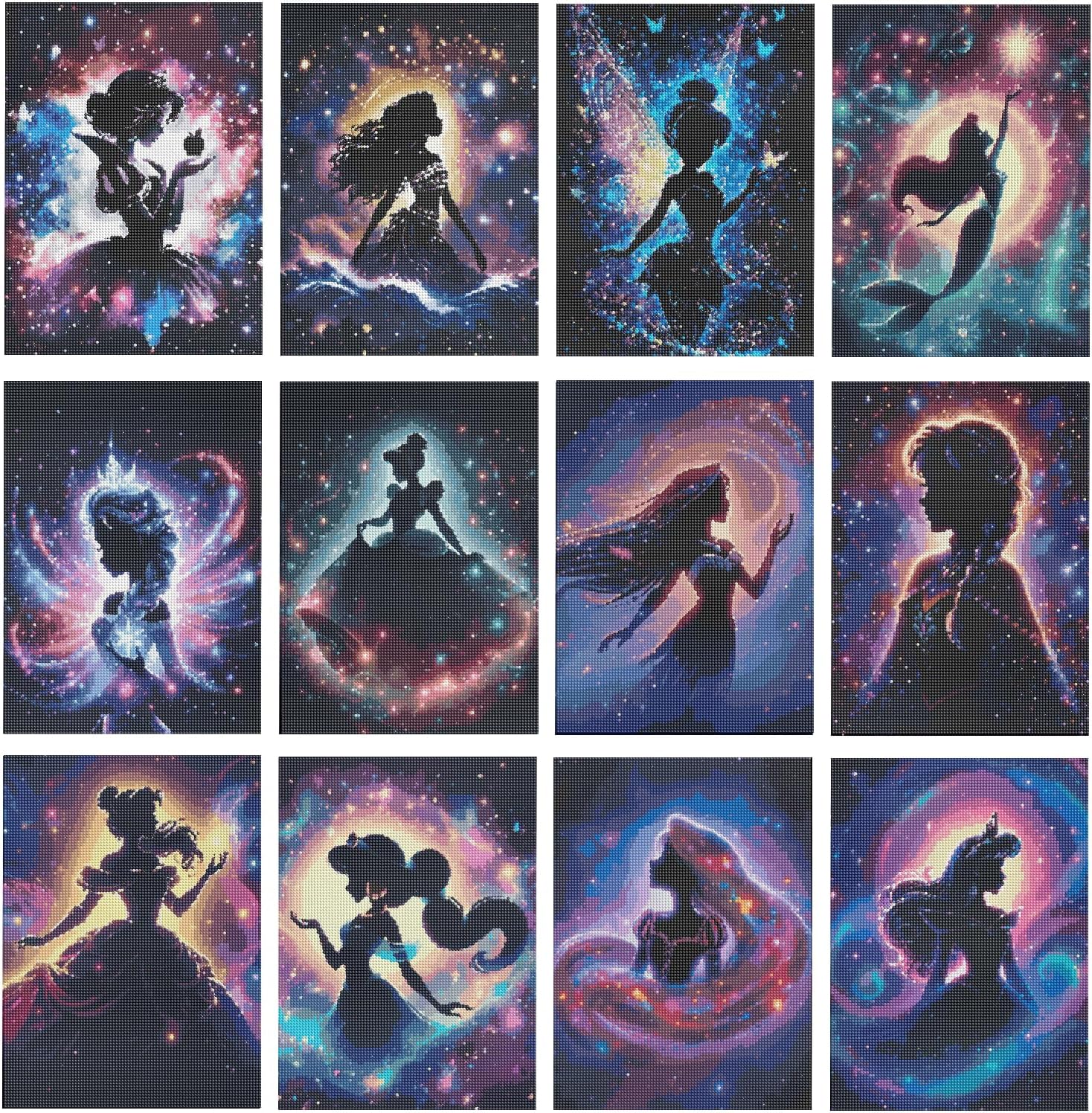 ARPADAMO 12 Pack Princess Diamond Art,Starry Sky Princess Diamond Art Kits for Adults,DIY Full Drill Diamond Painting Kit,Home Wall Decor Diamond Painting(12x16 Inch)