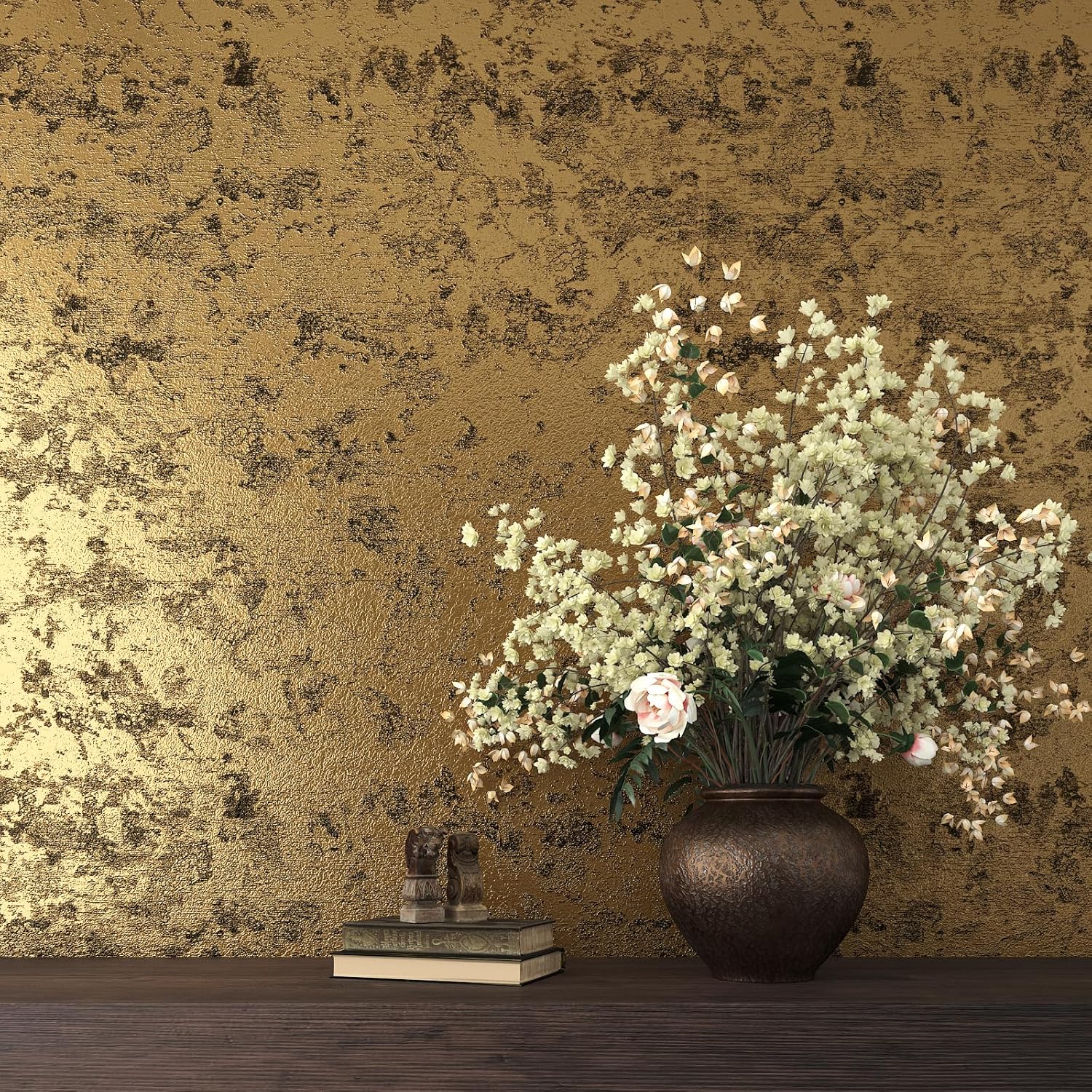 Antique Gold Peel and Stick Wallpaper Metallic Textured Wallpaper Black and Gold Contact Paper Waterproof Metal Look Wall Paper 15.7"x472" Self Adhesive Cabinet Vinyl Wrap for Kitchen Fridge