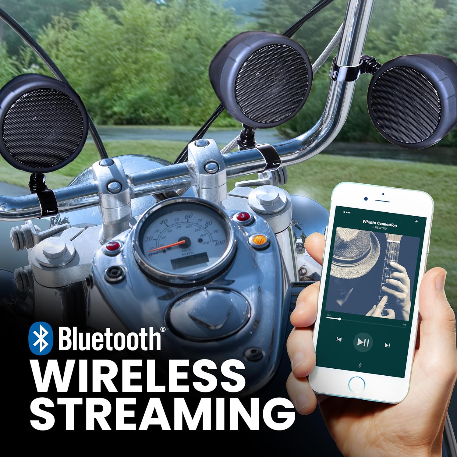 A smartphone displaying a music player app, held near motorcycle handlebars with two mounted speakers, illustrating Bluetooth wireless streaming.