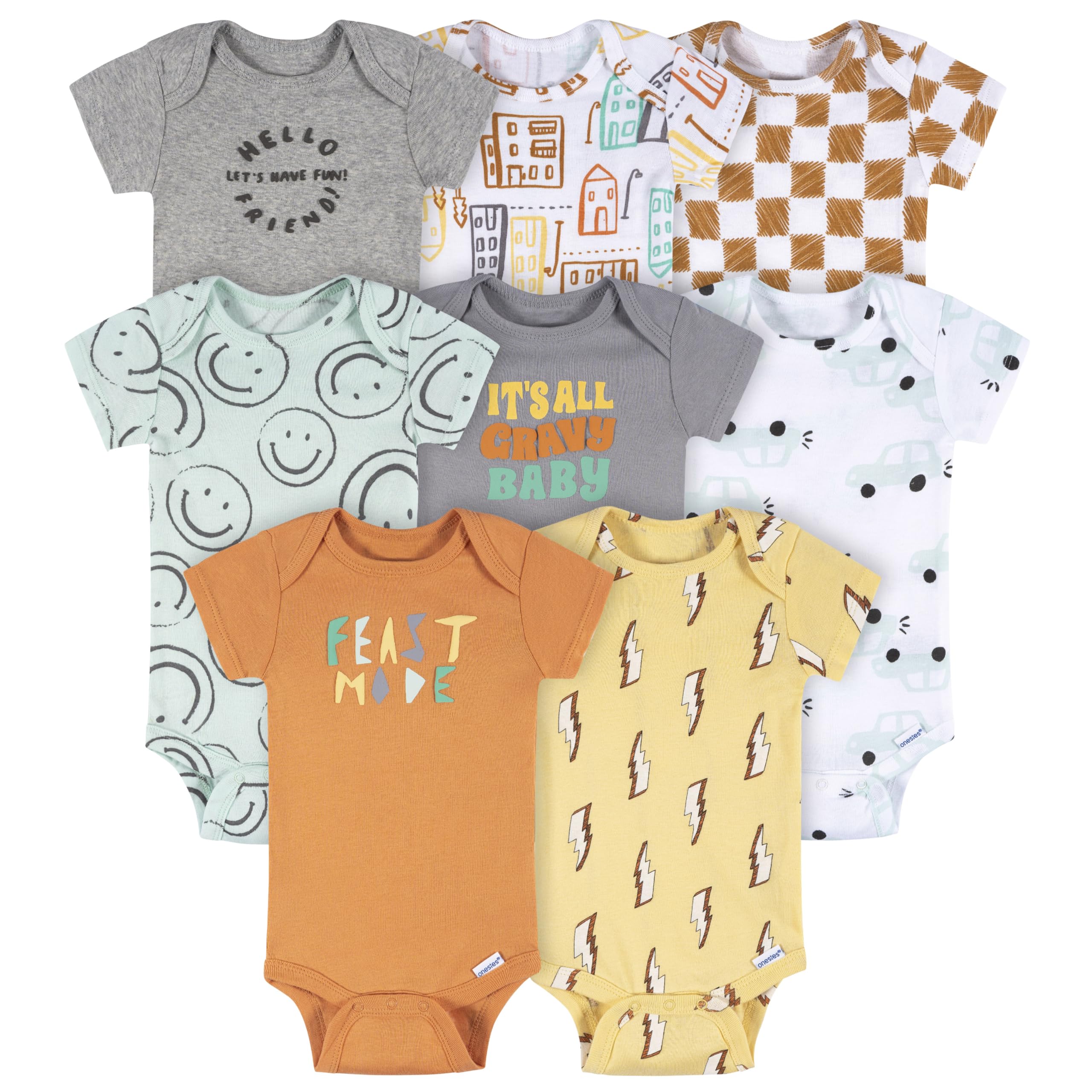 Onesies Brand baby-boy 8-pack Short Sleeve Mix & Match Bodysuits, Hello Friends, 6-9 Months