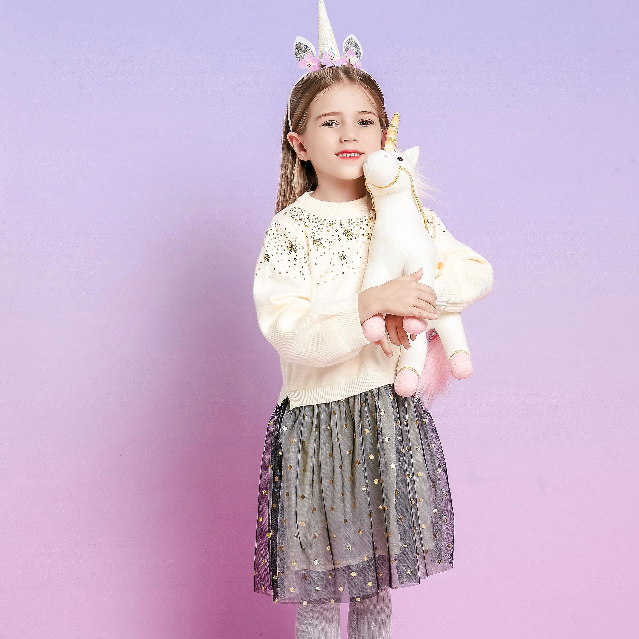 VIKITA Vestito Maglioncino Bambina Maglieria Unicorno Tulle Abiti