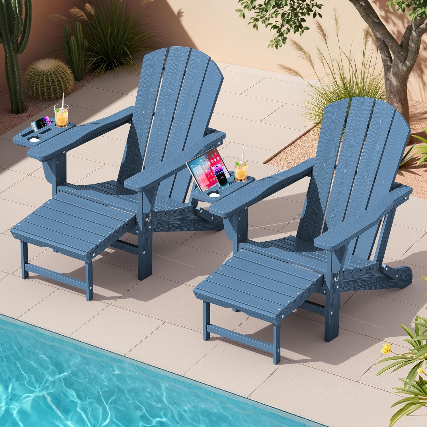 KINGYES Adjustable Folding Adirondack Chair with Footrest & 4-in-1 Multi-Functional Armrest Organizer, HDPE Foldable Recliner Adirondack Chair with Pull-Out Ottoman, Blue
