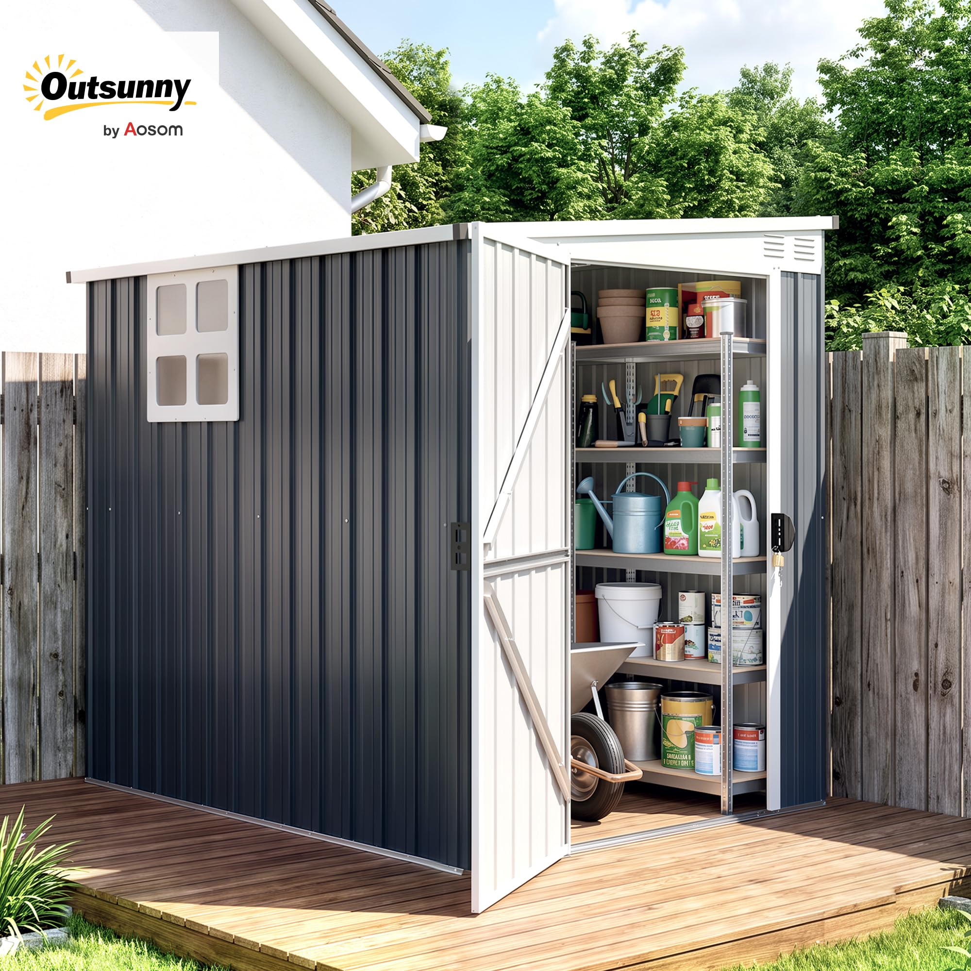 Outsunny Metalowy domek ogrodowy, 128 x 193 x 181 cm, 2,7 m², dach dwuspadowy, zamykany, odporny na warunki atmosferyczne, ciemnoszary