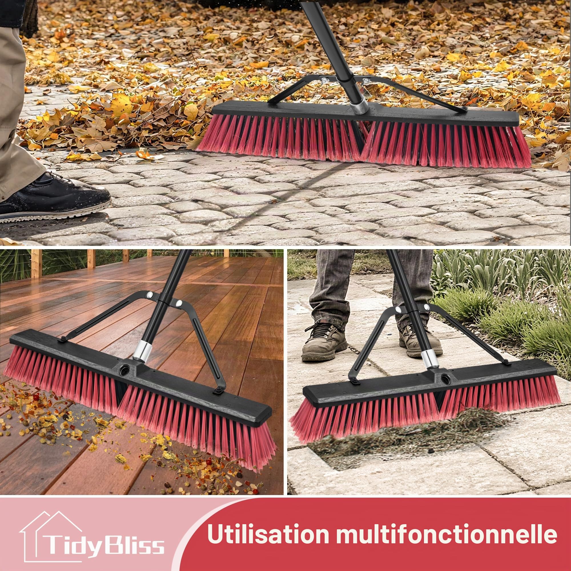 TidyBliss 60 cm Balai Brosse Exterieur, Grande Brush Commerciale à Poils Durs avec Manche Long de 160 cm pour Garage, Atelier, Jardin, Cour, Terrasse, Rue, Entrepôt, Pelouse, Allée (Rouge)
