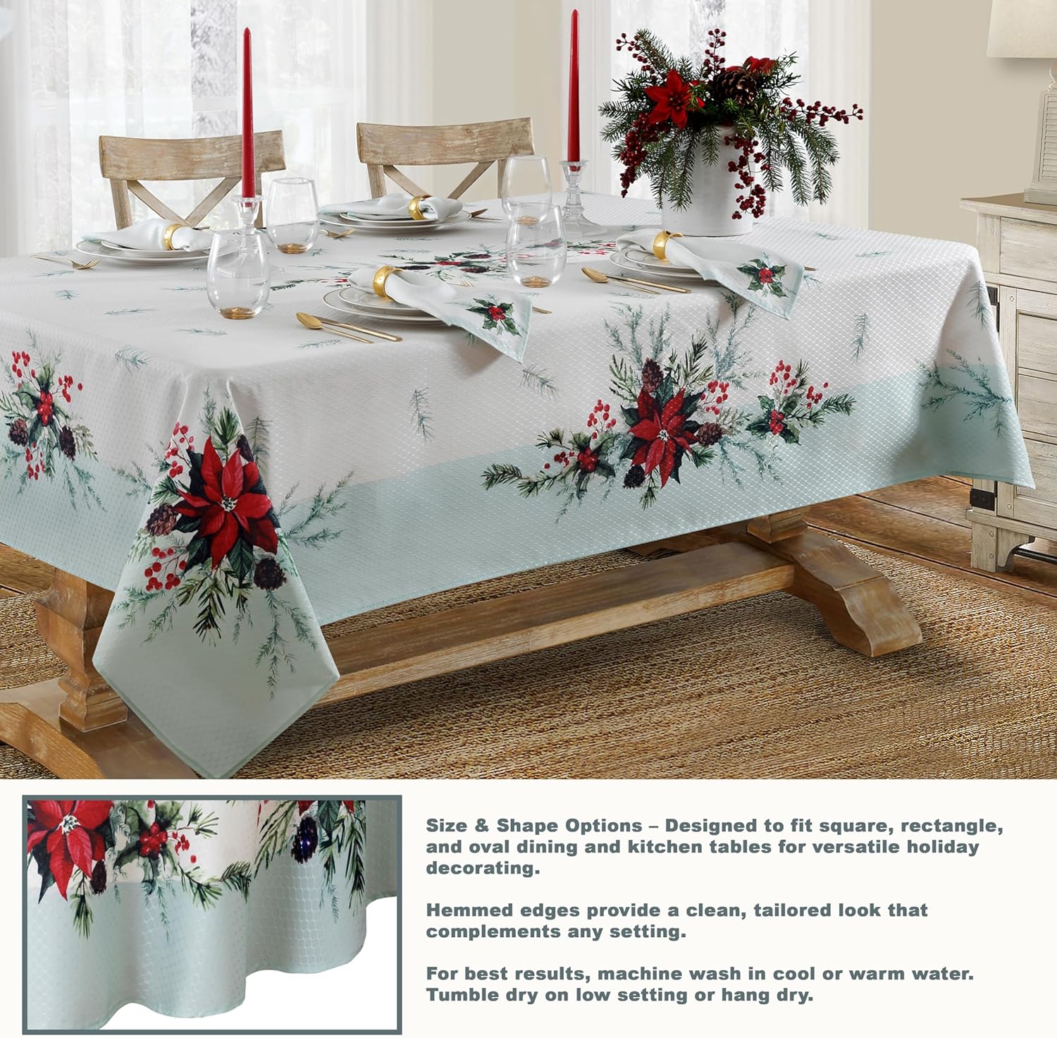 Lintex Holly Bough Stonewashed Border Christmas Tablecloth, 60 x 120 Inch Rectangle, Poinsettia and Holly Sprig Sage Bordered Holiday Easy Care Fabric Table Cover