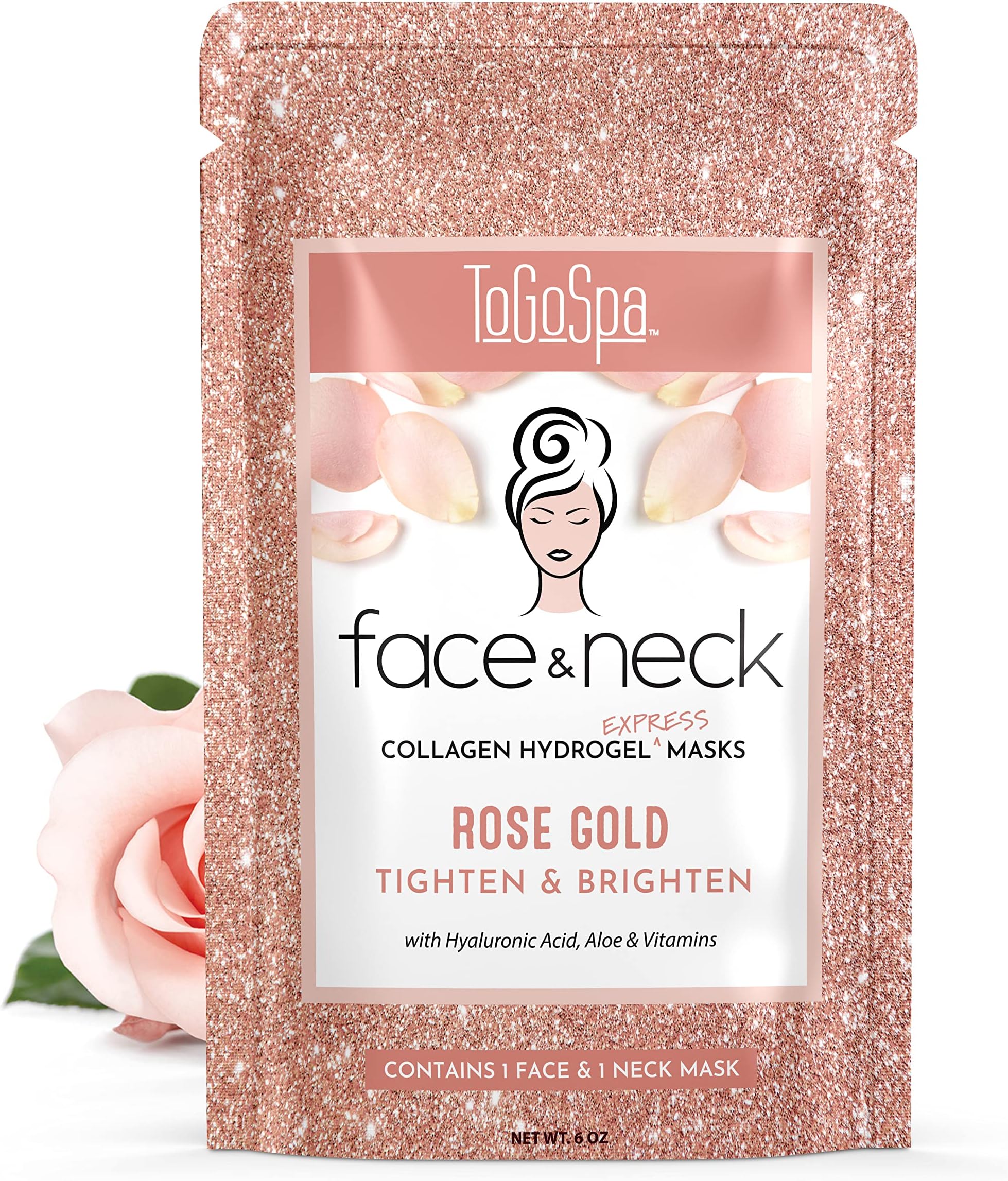 ToGoSpa FACE & NECK | Premium Clean Collagen Gel Mask with Hyaluronic Acid, Aloe Vera, Vitamins C & E (Rose Gold)
