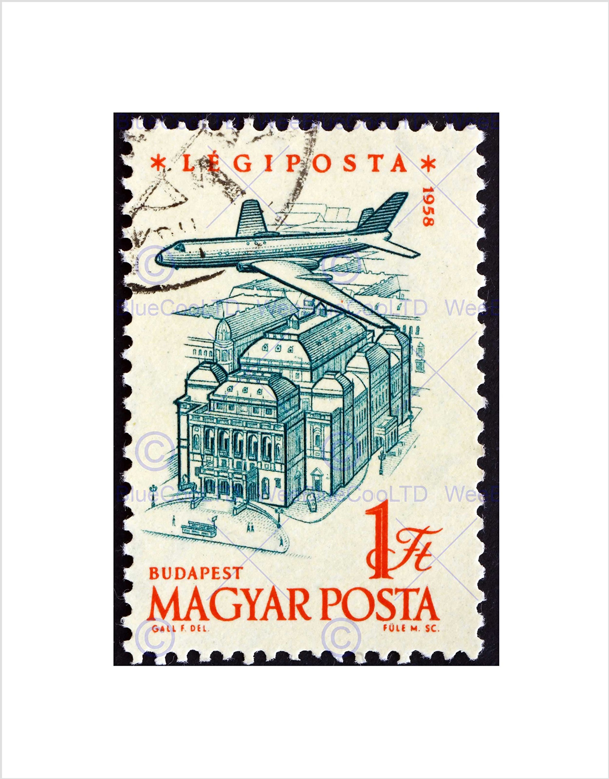 Wee Blue Coo POSTAGE STAMP HUNGARY VINTAGE PLANE BUDAPEST BLACK FRAMED ART PRINT B12X8837