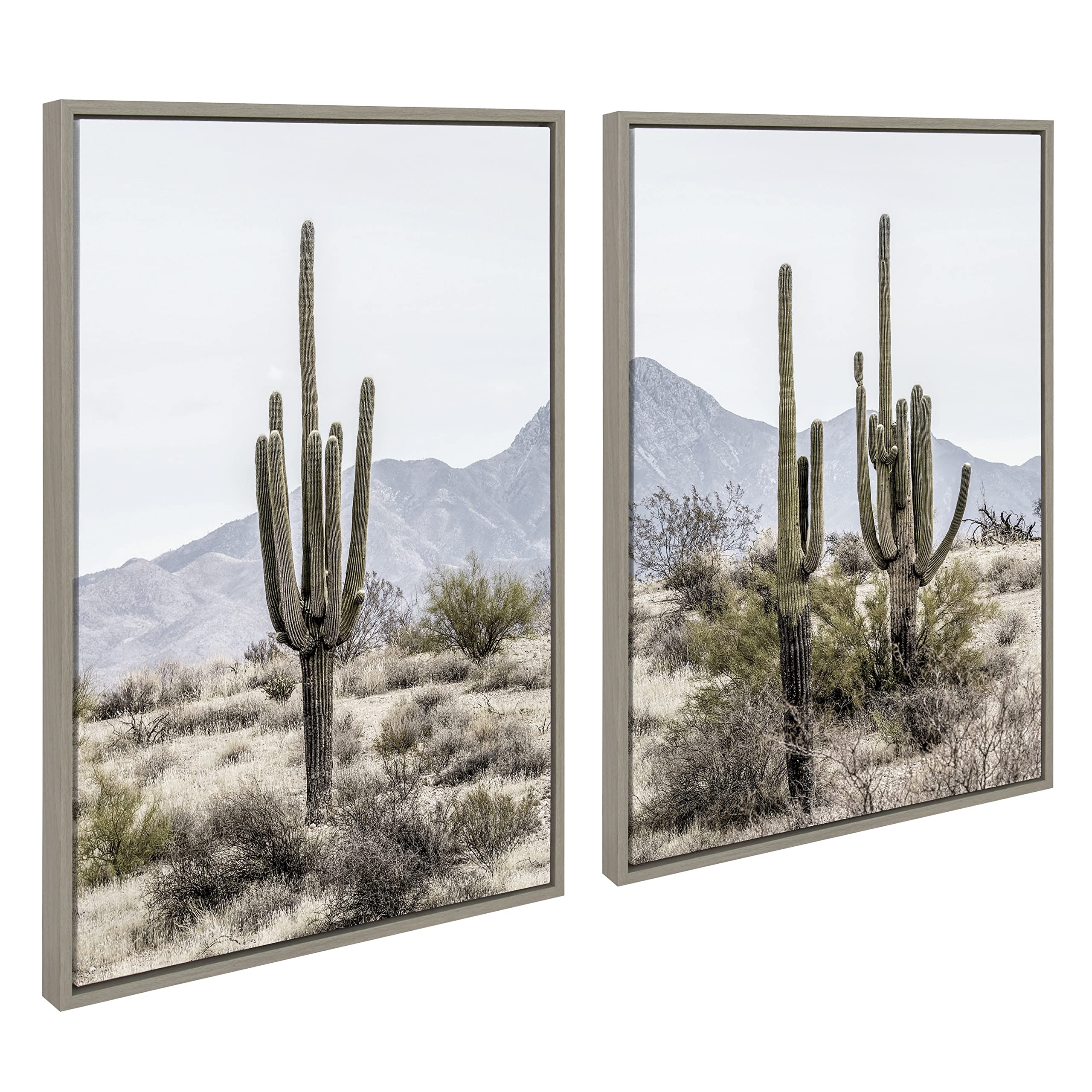 Kate and Laurel Sylvie Tall Saguaro Cacti Desert Mountain 1 and 2 Framed Canvas Wall Art Set by The Creative Bunch Studio, 2 Piece Set 23x33 Gray,