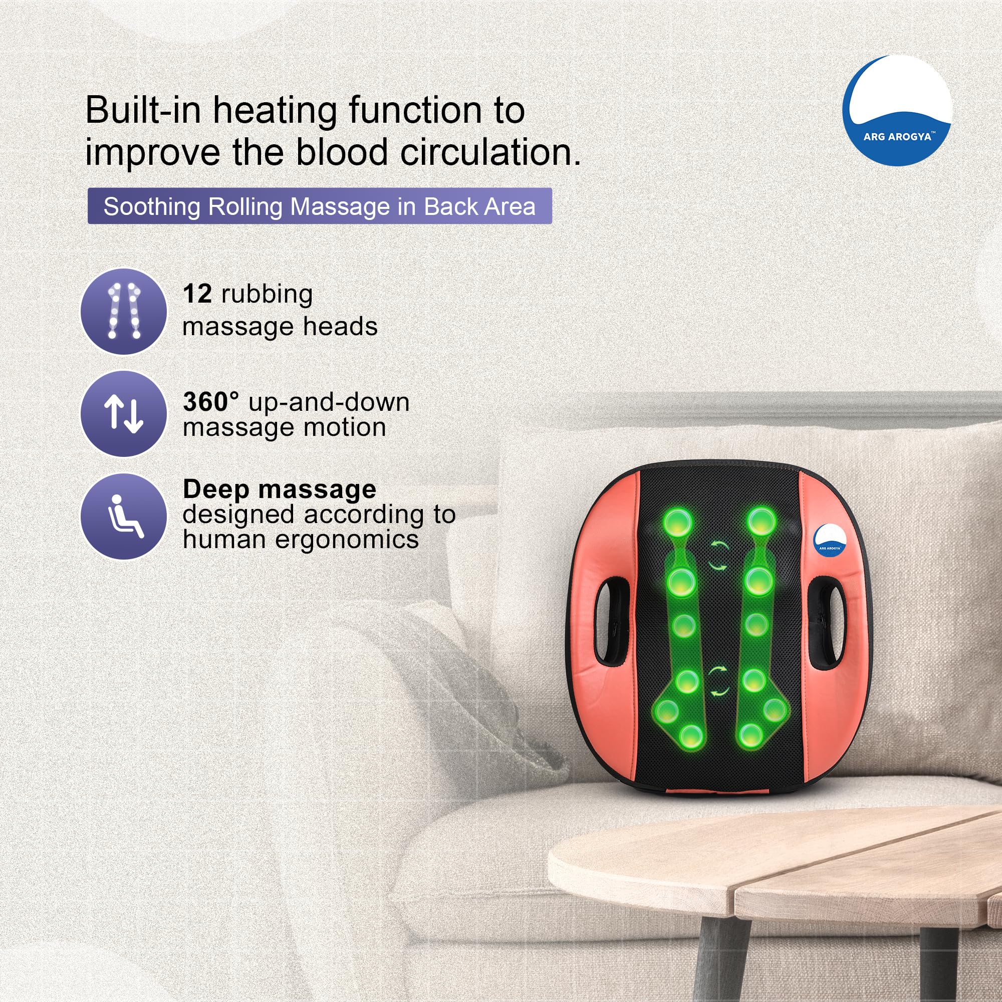 ARG Arogya Blue Idea Back Massager Cushion Multifunction 360° Up and Down 12 Rubbing Balls Full Body Pain Relief Massager For Neck, Back, Calf, Shoulder, Palm, Lower Leg, Thigh Relaxation - Image 6 thumbnail