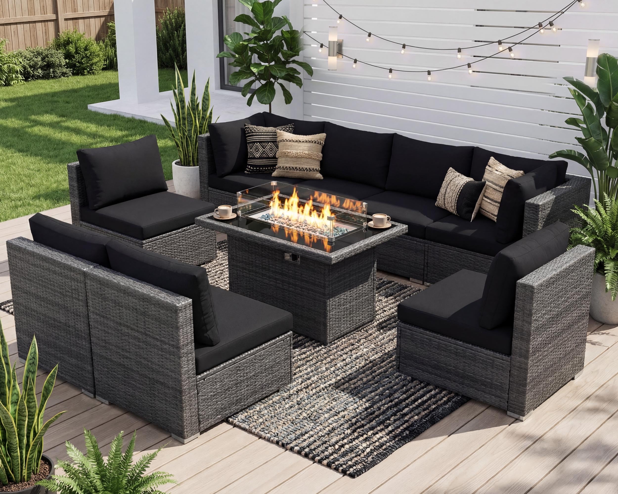 NICESOUL 9 Piece Extra Large Outdoor Patio Furniture Conversation Set with Fire Pit Natural Gas/Propane, 29.3'' High Back Modular Deep Seat Sectional