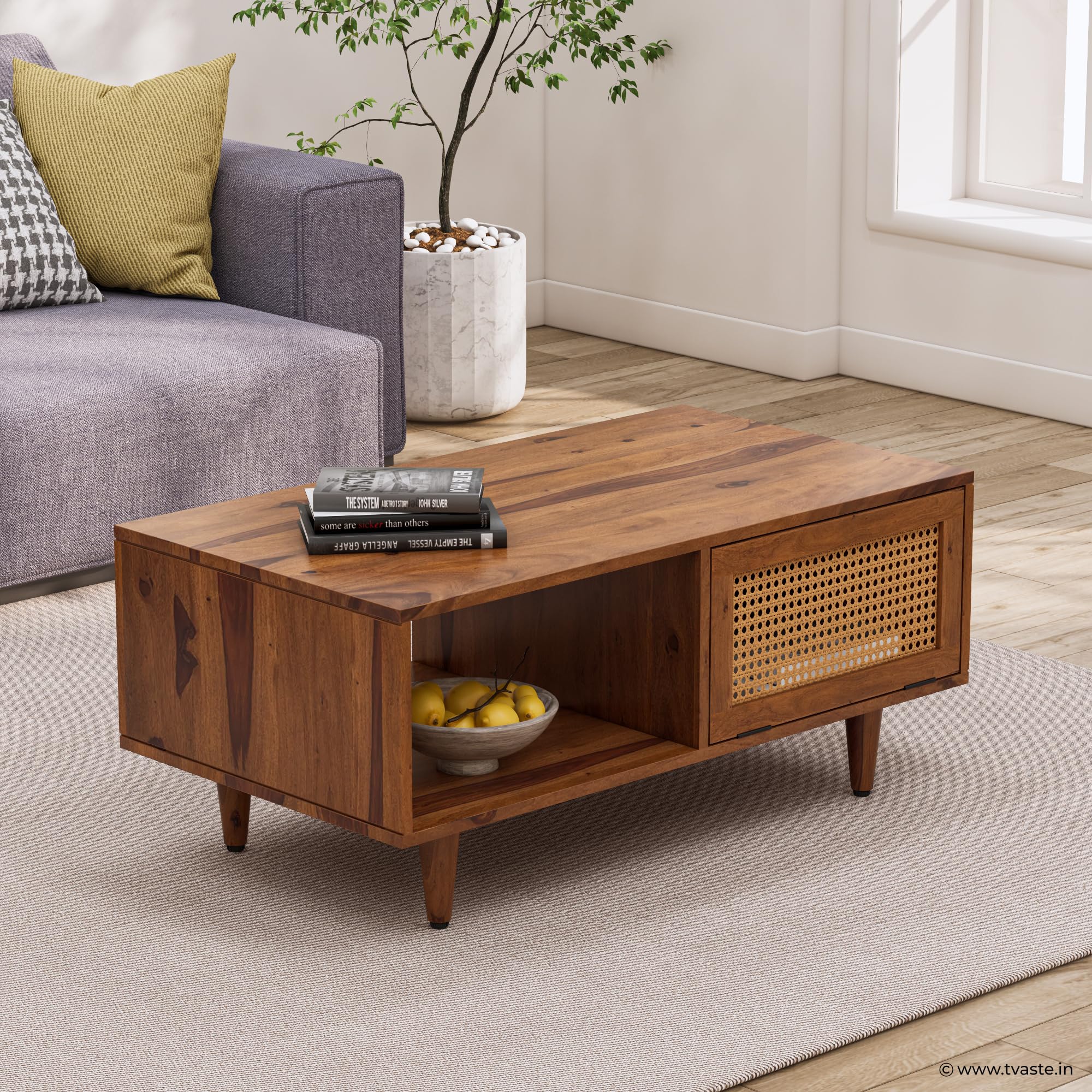 Tvaste Bhawo Solid Sheesham Wood Coffee Table & Center Table for Living Room with Rattan Cane Lift-Down Shutter & Open Shelf, Solid Wooden Teapoy for Sofa with Storage (Honey Finish)-image-9