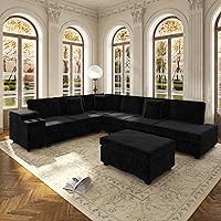 KEIKI 110" L-Shaped Plush Corduroy Modular Sectional Sofa with Pull-Out Bed, USB Ports, Storage & Ottoman - 6-Seater Black Sleeper Couch