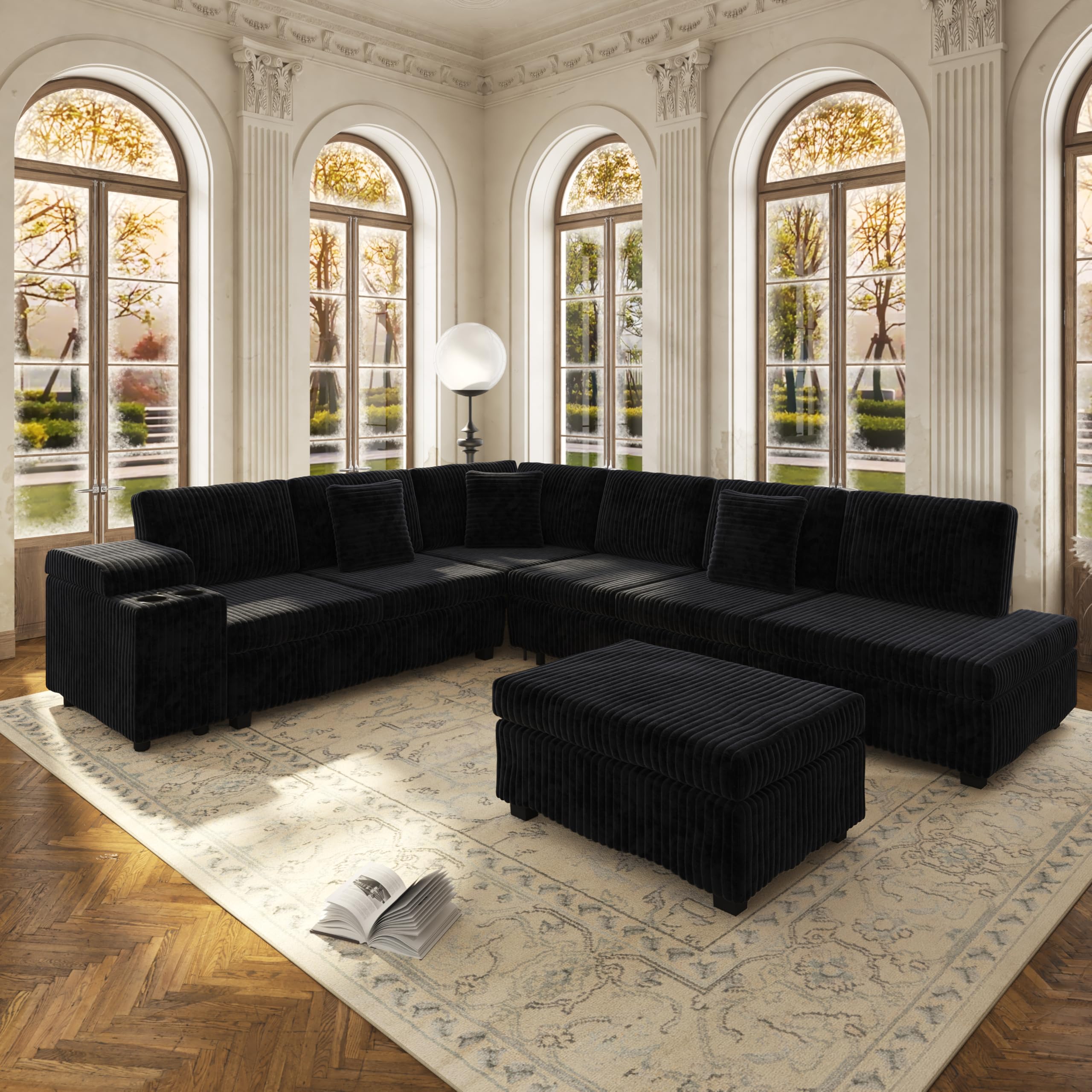 KEIKI 110" L-Shaped Oversized Plush Corduroy Modular Sectional Sofa with Pull-Out Bed, Convertible 6-Seater Sleeper Couch Bed with 1 Ottomans &amp; USB &amp; Cup Holders, Easy Assembly, for Living Room, Black
