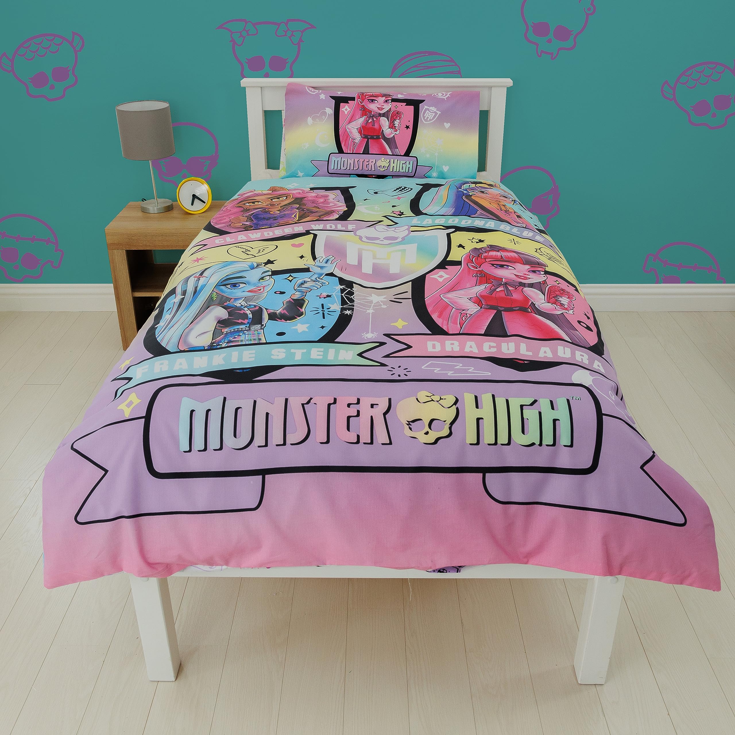 Character World Monster High oficjalnie licencjonowany zestaw poszewek na kołdrę z motywem dzikiego designu, dwustronna, 2-stronna pościel dla lalek z pasującą poszewką na poduszkę, idealna do