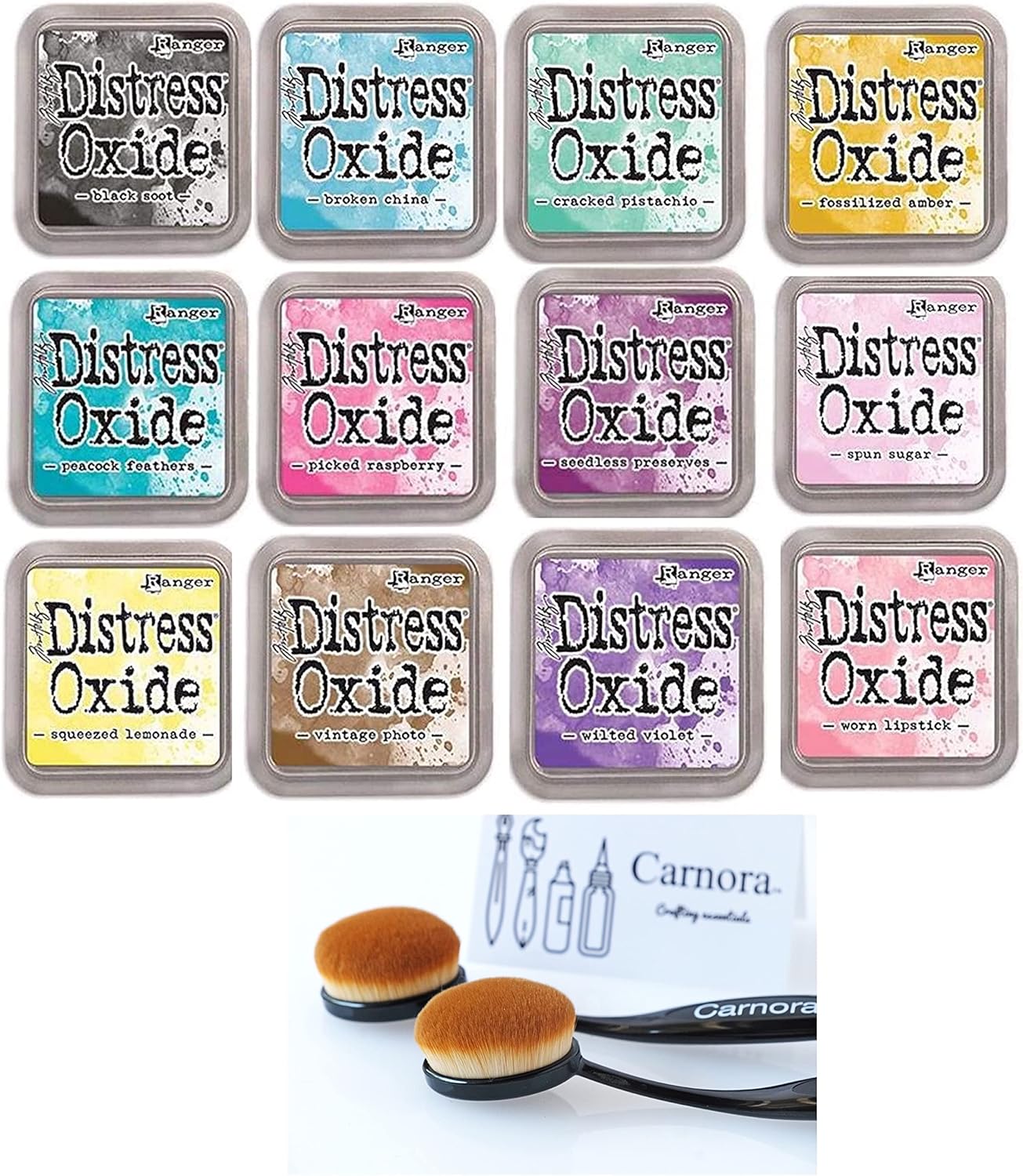 Tim Holtz Ranger Distress Oxide Ink Pad Bundle Includes 12 Popular Colors, 2 Carnora Blending Brushes, Total of 14 Items