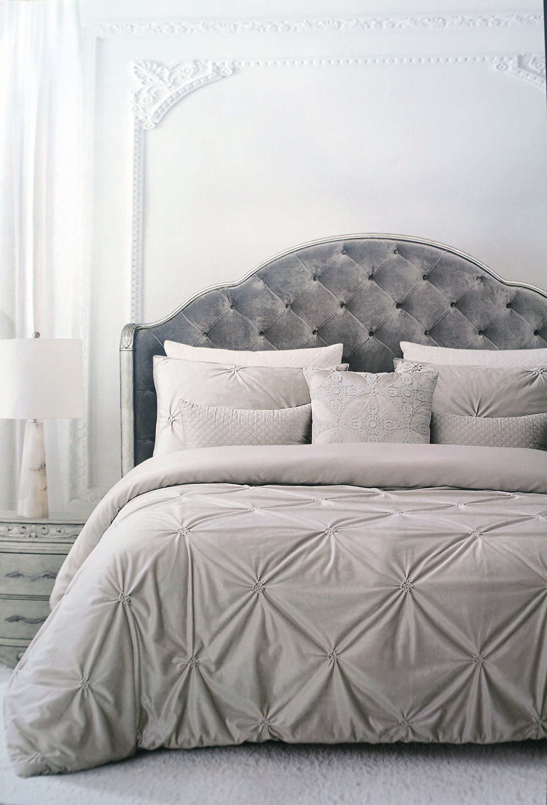 Duvet Cover Set, Velvet King Size Luxury 3 Piece Harlow Bedding, Light Tan Pintuck Ruched Textured - Palisades, Champagne