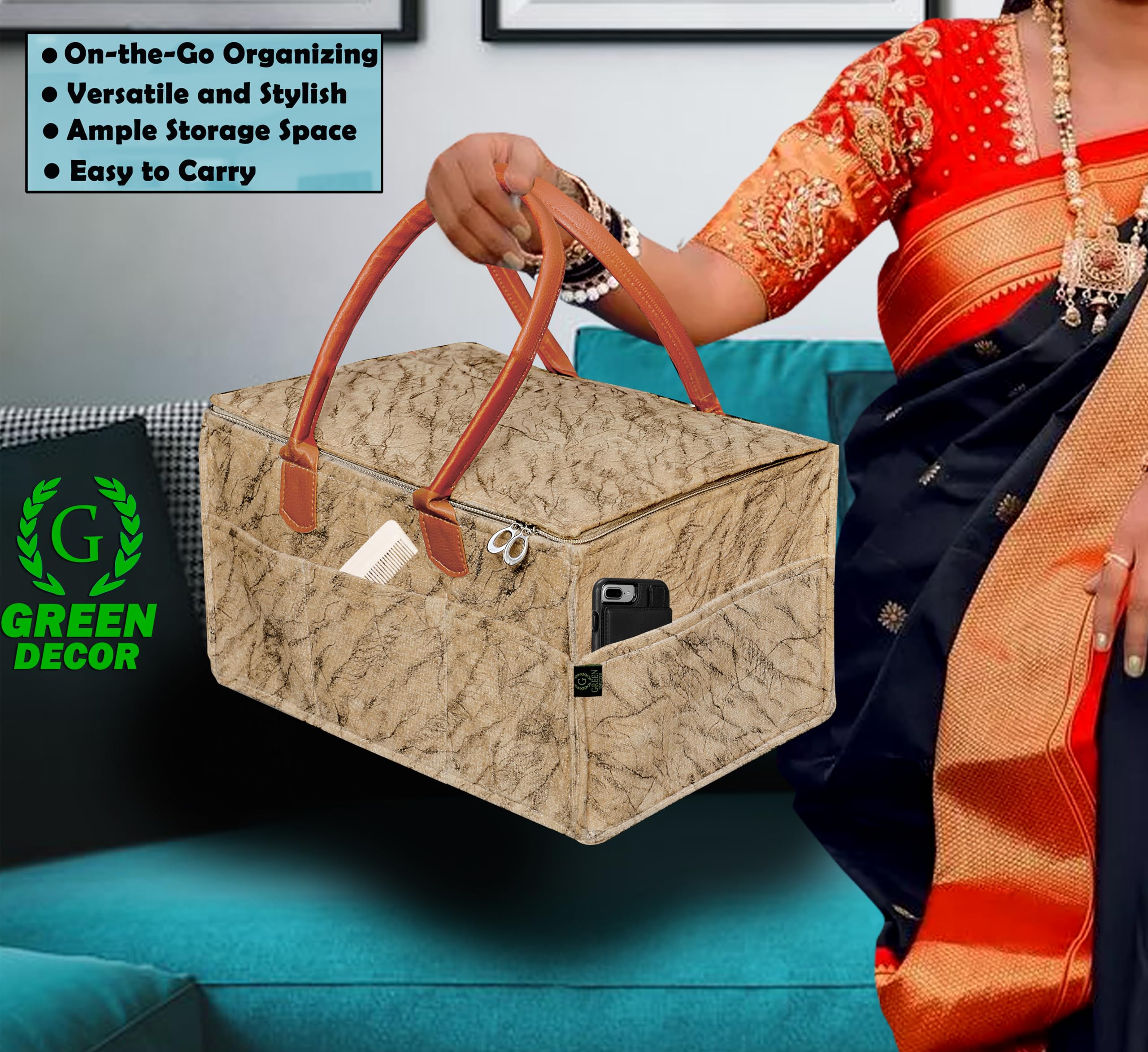 GREEN DECOR - Heavy Duty 400 GSM Non Woven Fabric Cute Diaper Caddy Bag with Handles & Zip Lock for Smart Mothers Baby Wipes Felt Storage Organizers,Foldable and Portable (Marble Sepia-18X12X9 Inch) 4