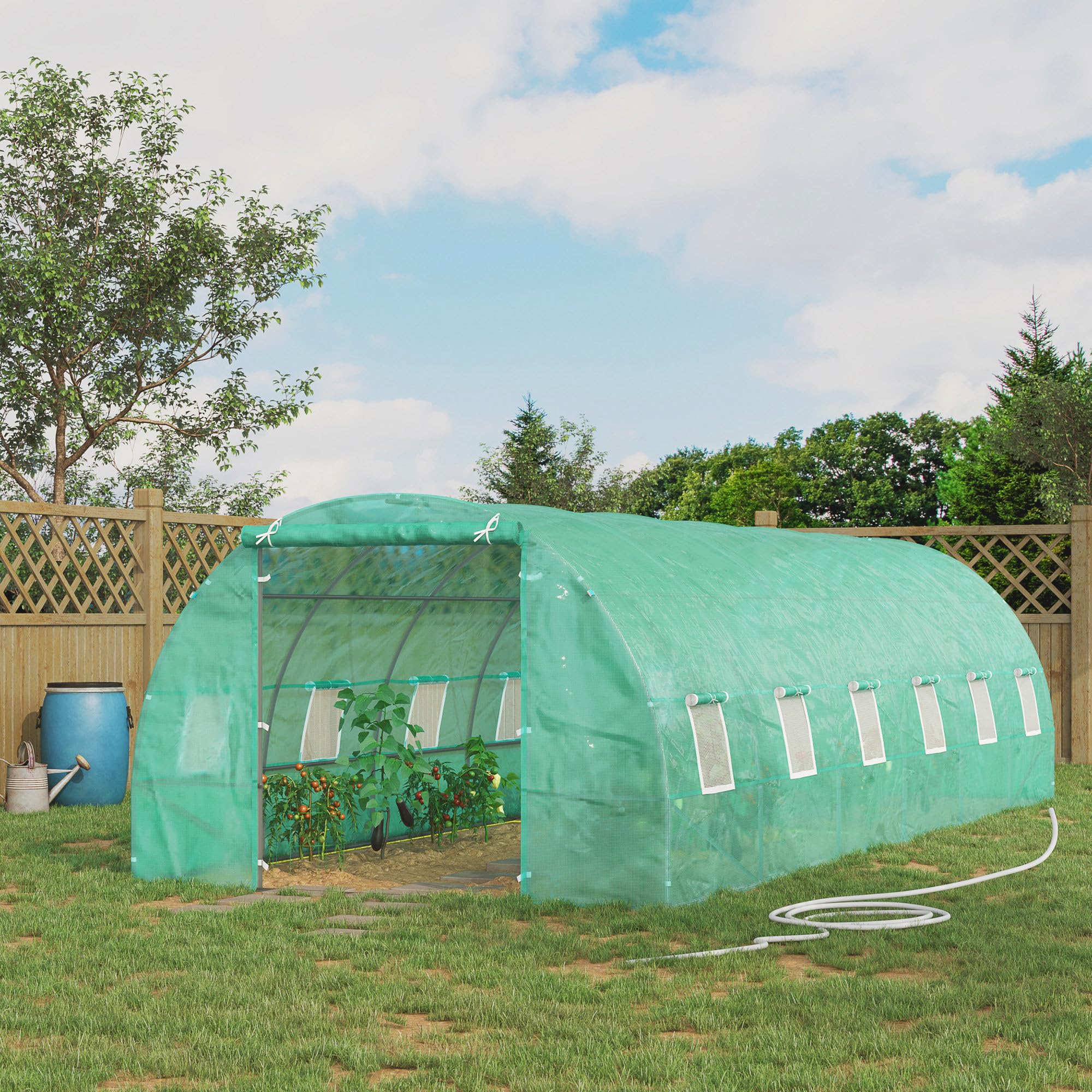 Outsunny Serra da Giardino a Tunnel 8x3x2 m con Porta Avvolgibile, Serra per Orto a Cupola con 12 Finestre, Copertura in PE e Struttura in Acciaio, Verde